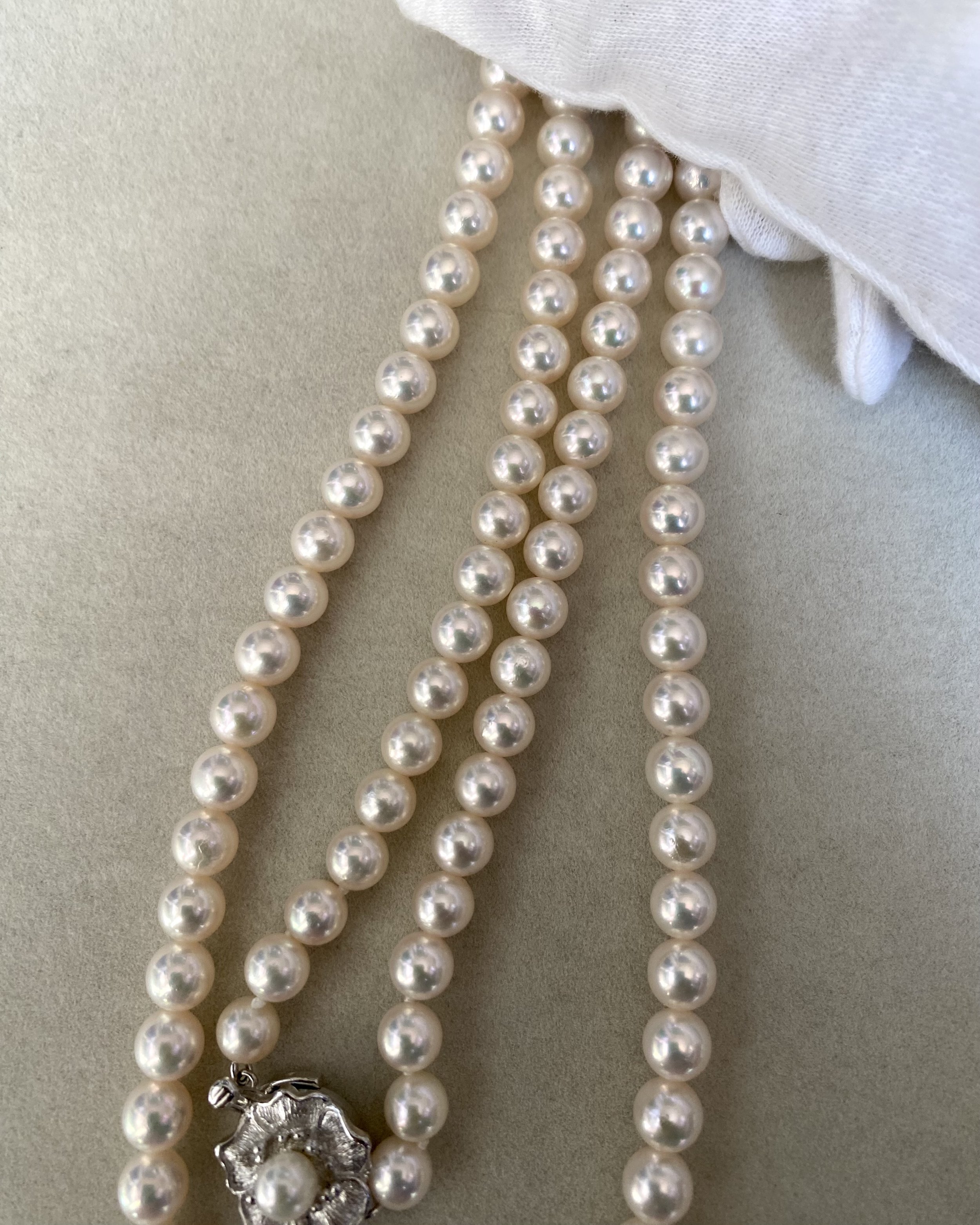33" Extra-Long White Japanese Akoya Pearl Opera Necklace 6.5–7mm, Rose Overtone, 3D Floral Silver Clasp, Japan Jewellery Showpiece Starlit Pearls