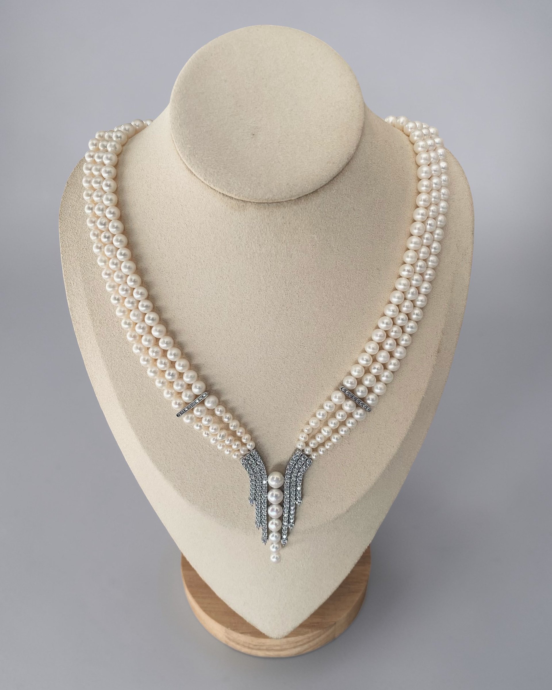 Triple-Strand Classic White Nucleus-Free Freshwater Pearl Necklace 6mm, Graduated Cascade Drop Design, S925 Sterling Silver Starlit Pearls