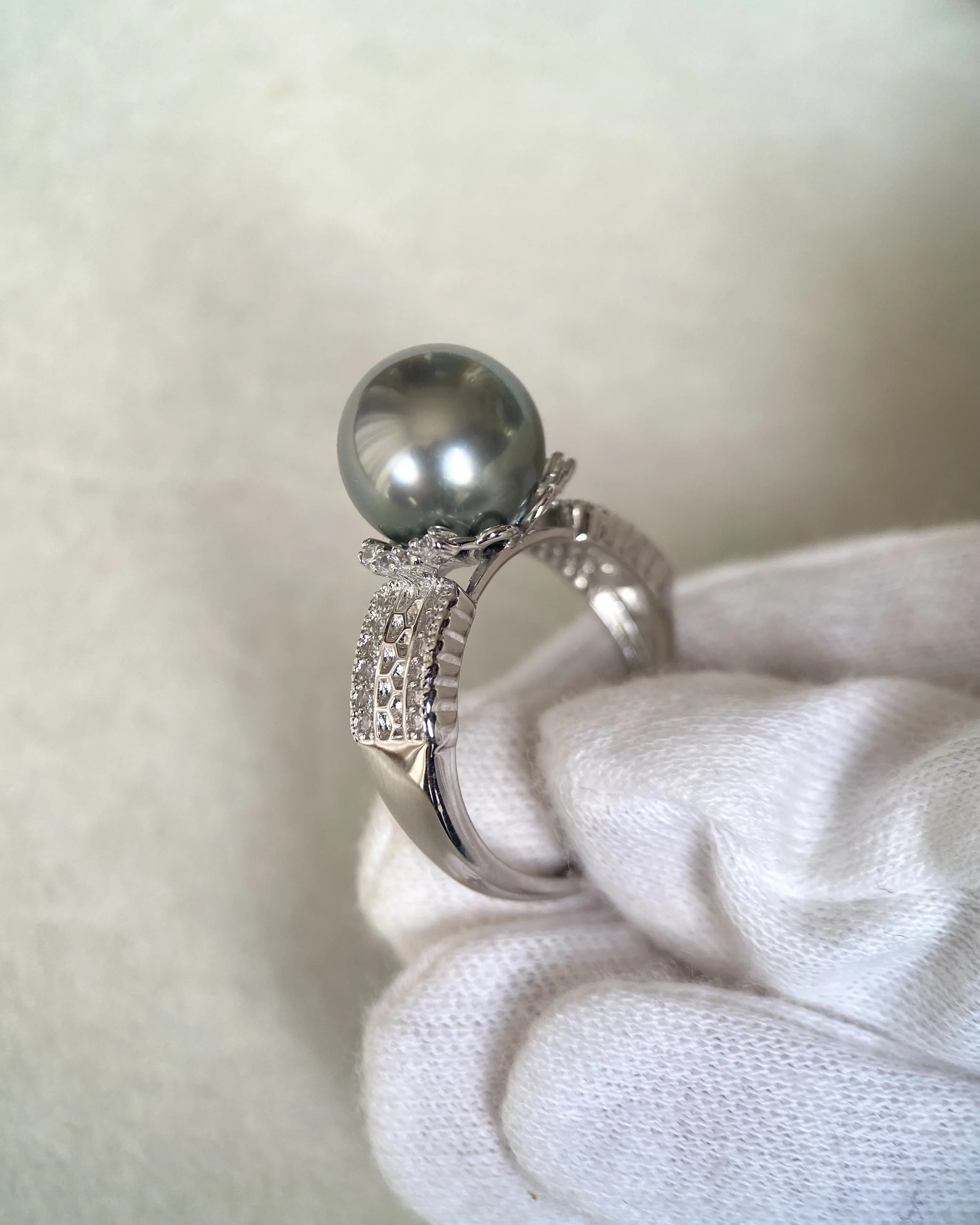 Large 11.3mm Platinum-Grey Tahitian South Sea Pearl Ring, Metallic Lustre, Pavé CZ Crown S925 Silver Adjustable Band Starlit Pearls
