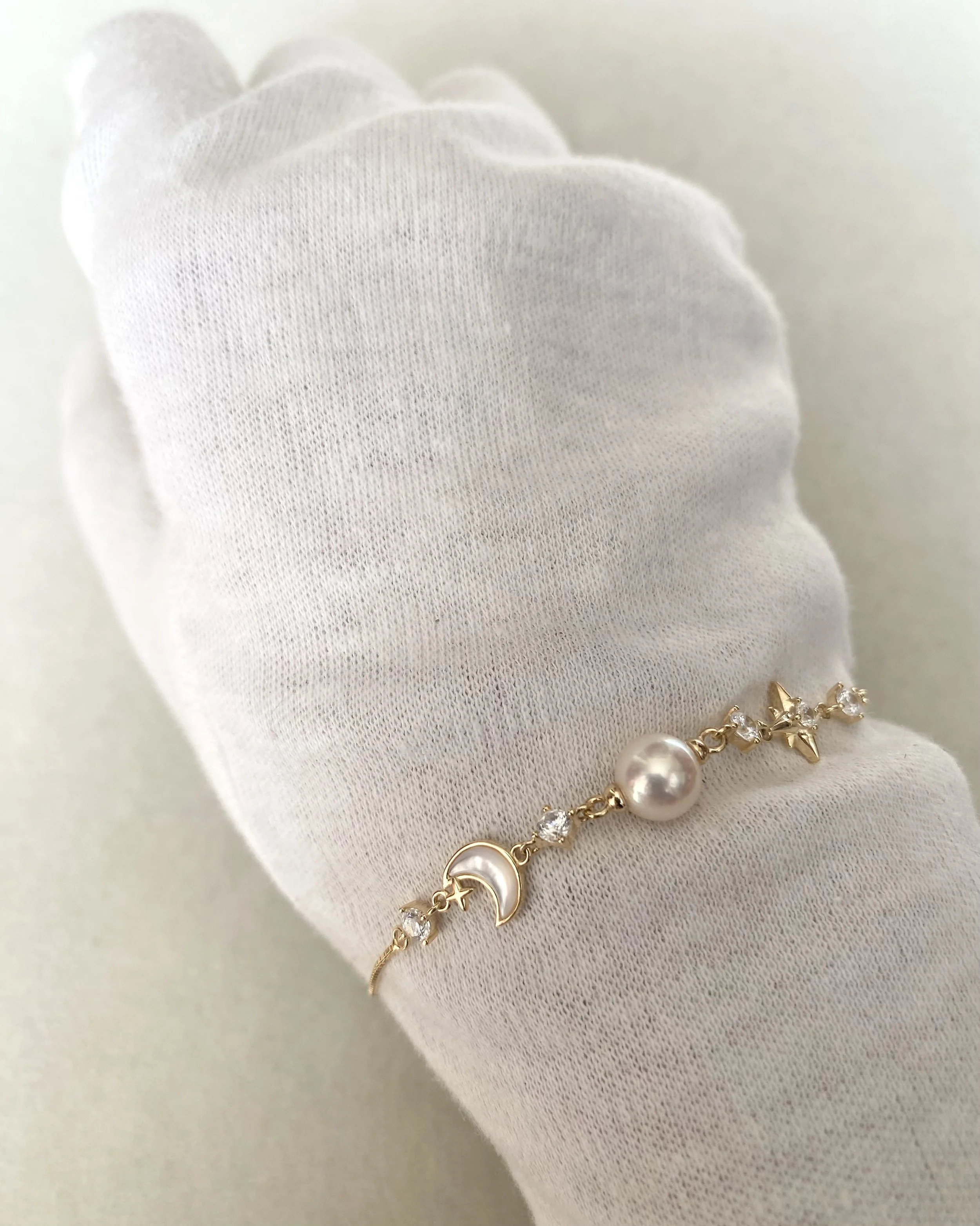 White Japanese Akoya Pearl Celestial Bracelet 7.4mm, MOP Moon & North Star with CZ, S925 Silver Adjustable Box Chain, Show Piece Starlit Pearls