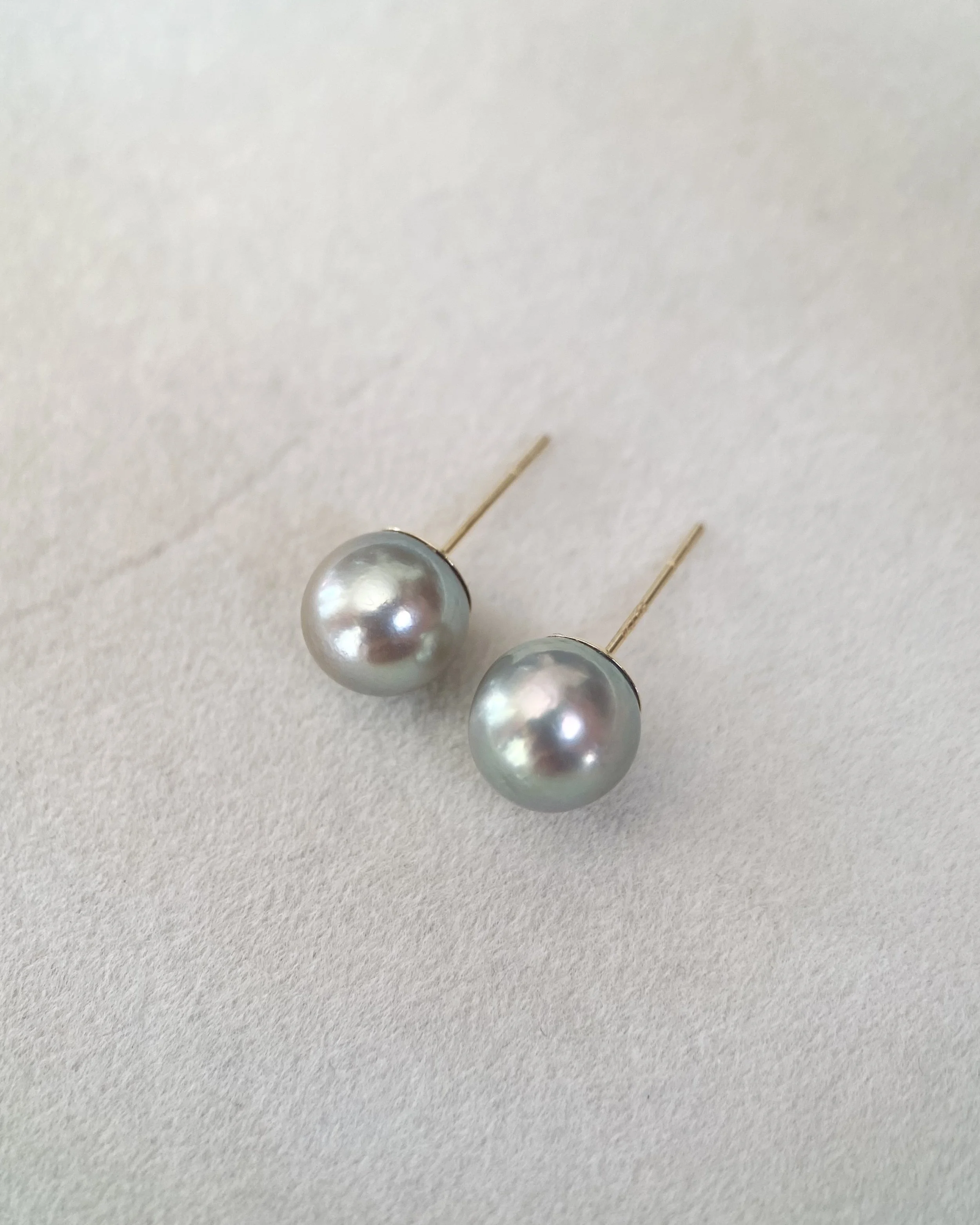 8mm Silver Olive-Green Japanese Madama Akoya Pearl Stud Earrings, Metallic Lustre, Solid 18K Thick Posts & Full Gold Cap Setting Starlit Pearls