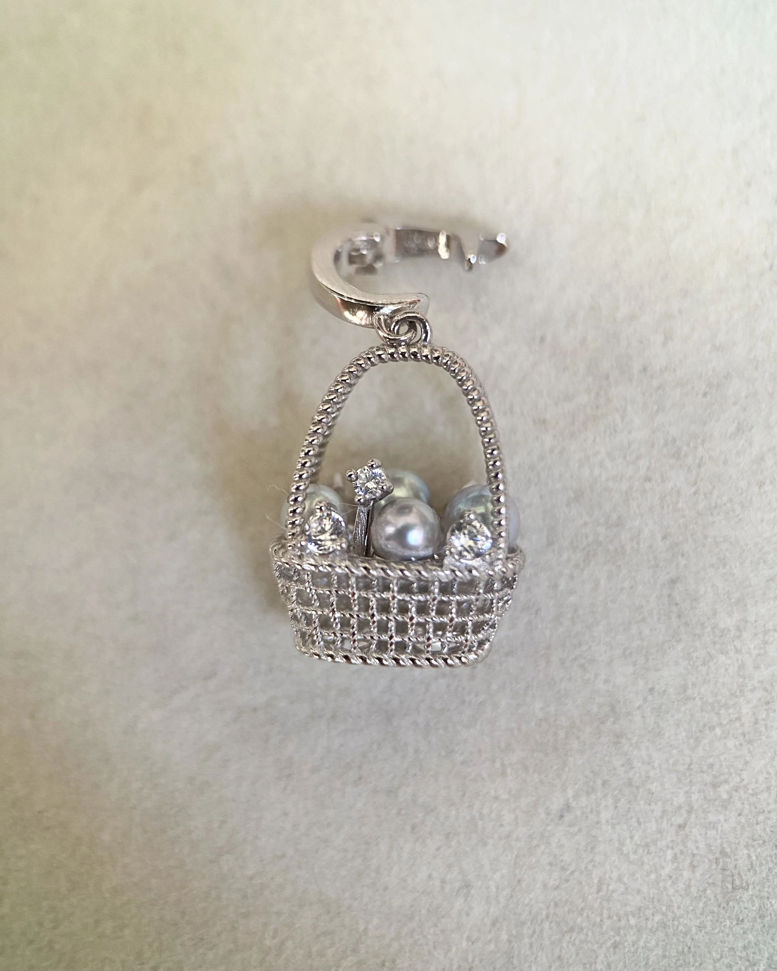 Top Gr Japanese Silver-Grey Saiundama Akoya Pearl Pendant, Sculptural 3D Woven Treasure Basket with Four Pearls_CZ_S925, Show Piece Starlit Pearls