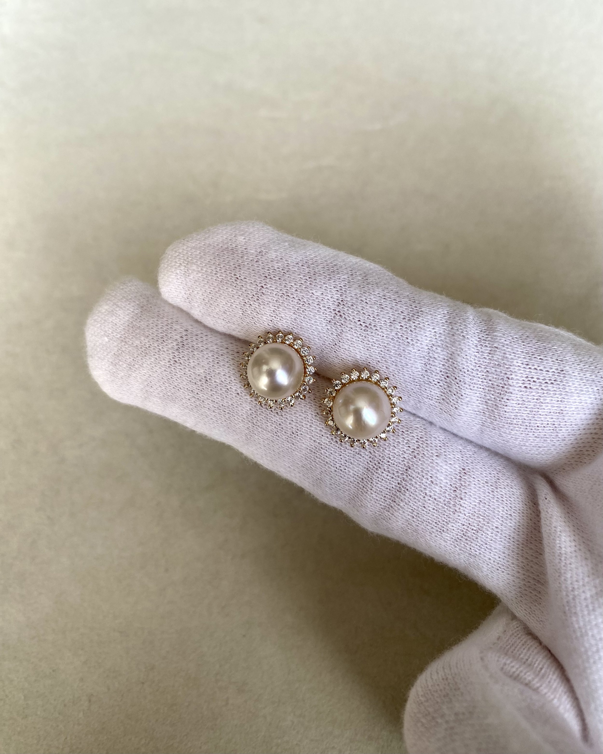 8mm Champagne Japanese Akoya Pearl Stud Earrings, Sourced from Otsuki Pearl, Gold-Toned S925 Sterling Silver Pavé Halo Setting Starlit Pearls