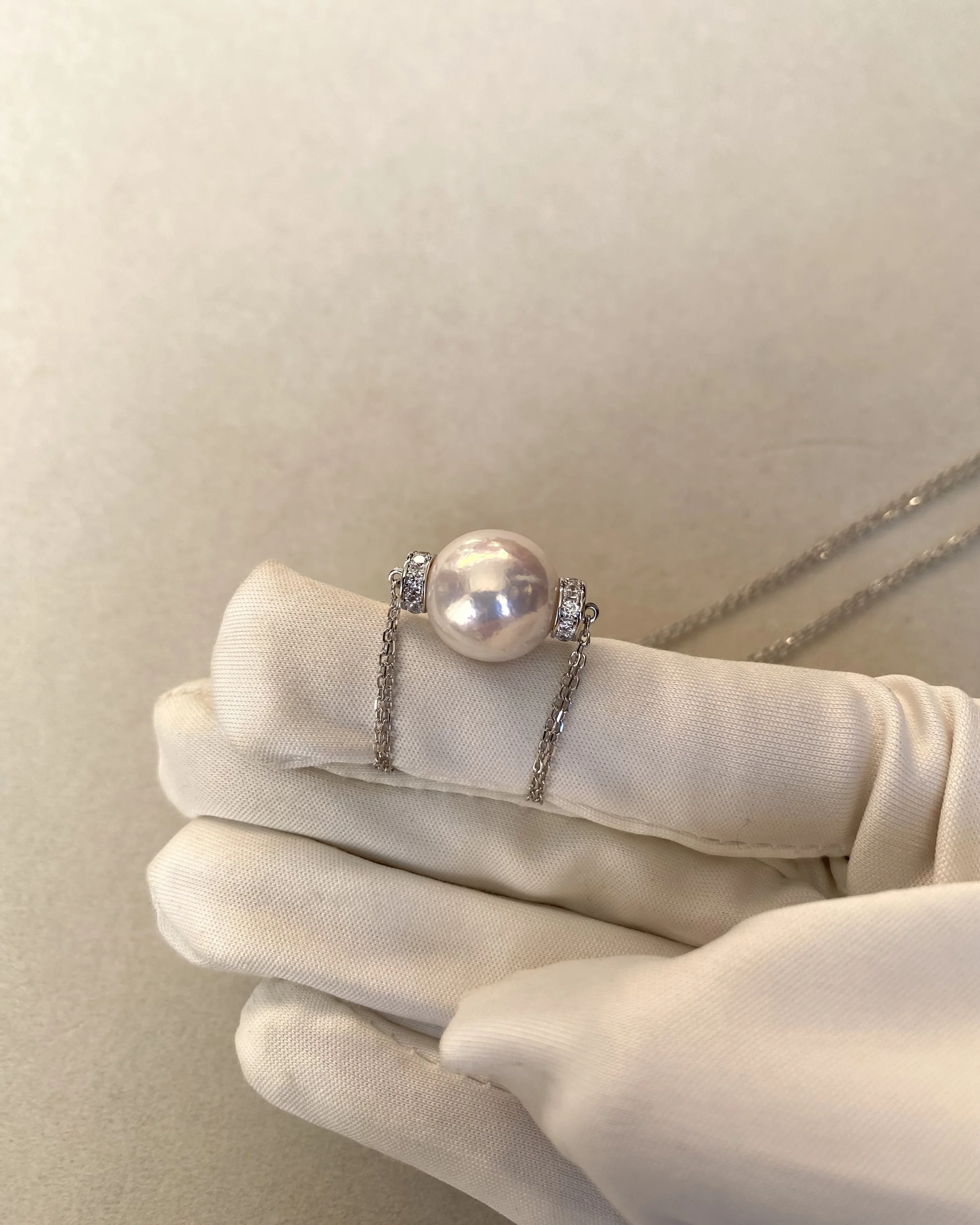 12.5–13mm Radiant White Freshwater Pearl Pendant Necklace, Soft Pink Overtone, Japanese Twin-Chain in S925 Silver, 19" Long, Wedding Starlit Pearls