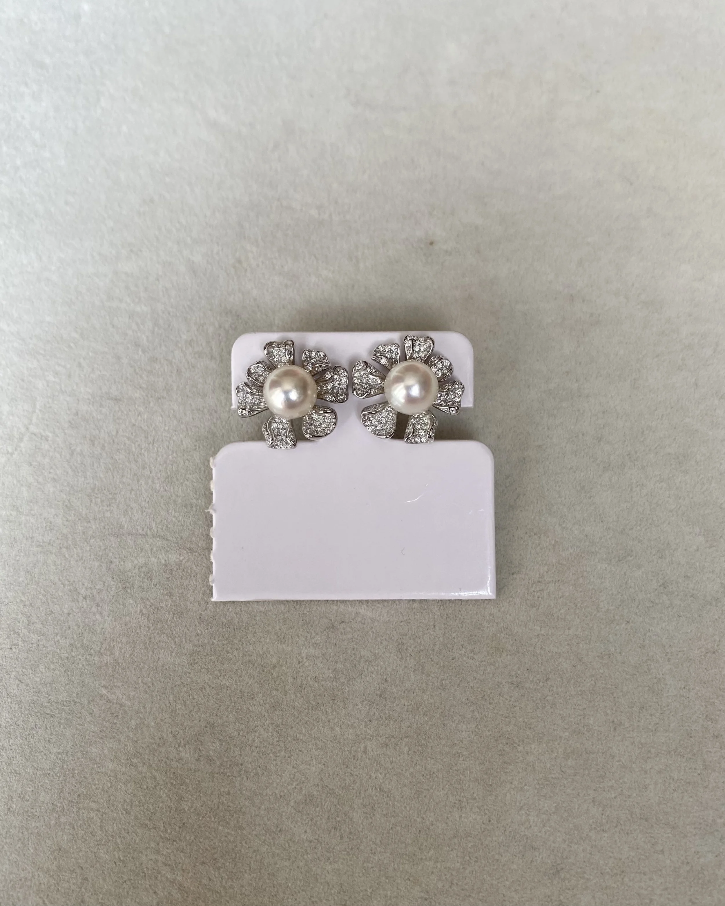Japanese Crystal White Akoya Pearl Flower Stud Earrings 7-7.5mm, Soft Pink Overtone, Sculptural CZ Petals, S925 Silver, Show Piece Starlit Pearls
