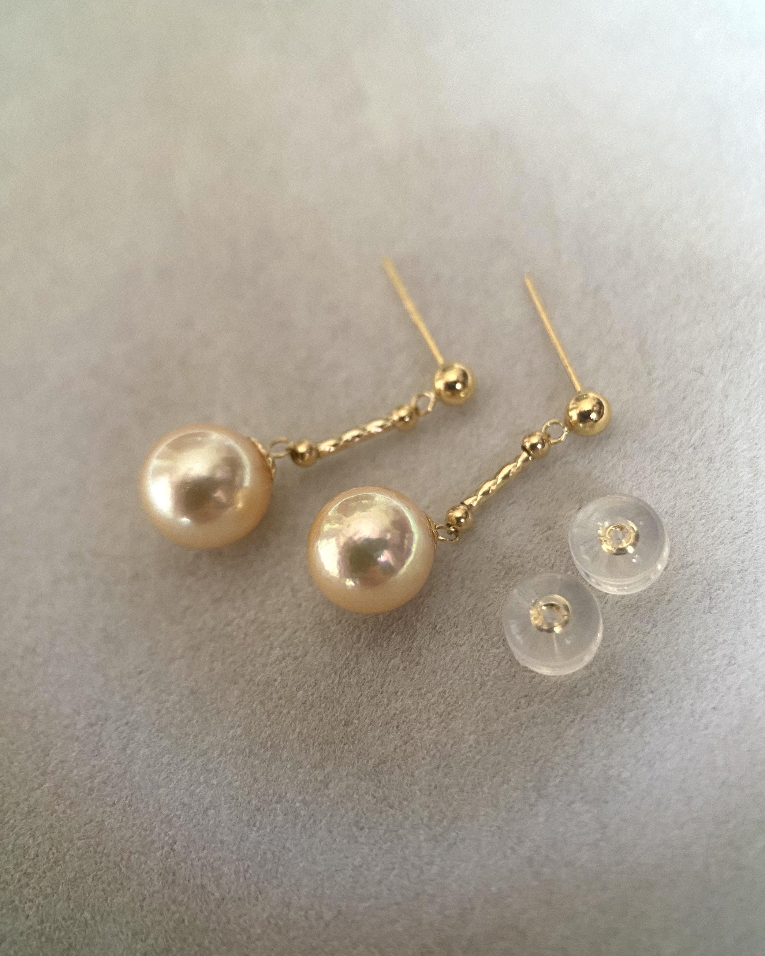 Japanese Amami Oshima Golden Pearl Drop Earrings in Solid 18K Gold 7.6mm, Iridescent Overtones, Graceful Movement Starlit Pearls