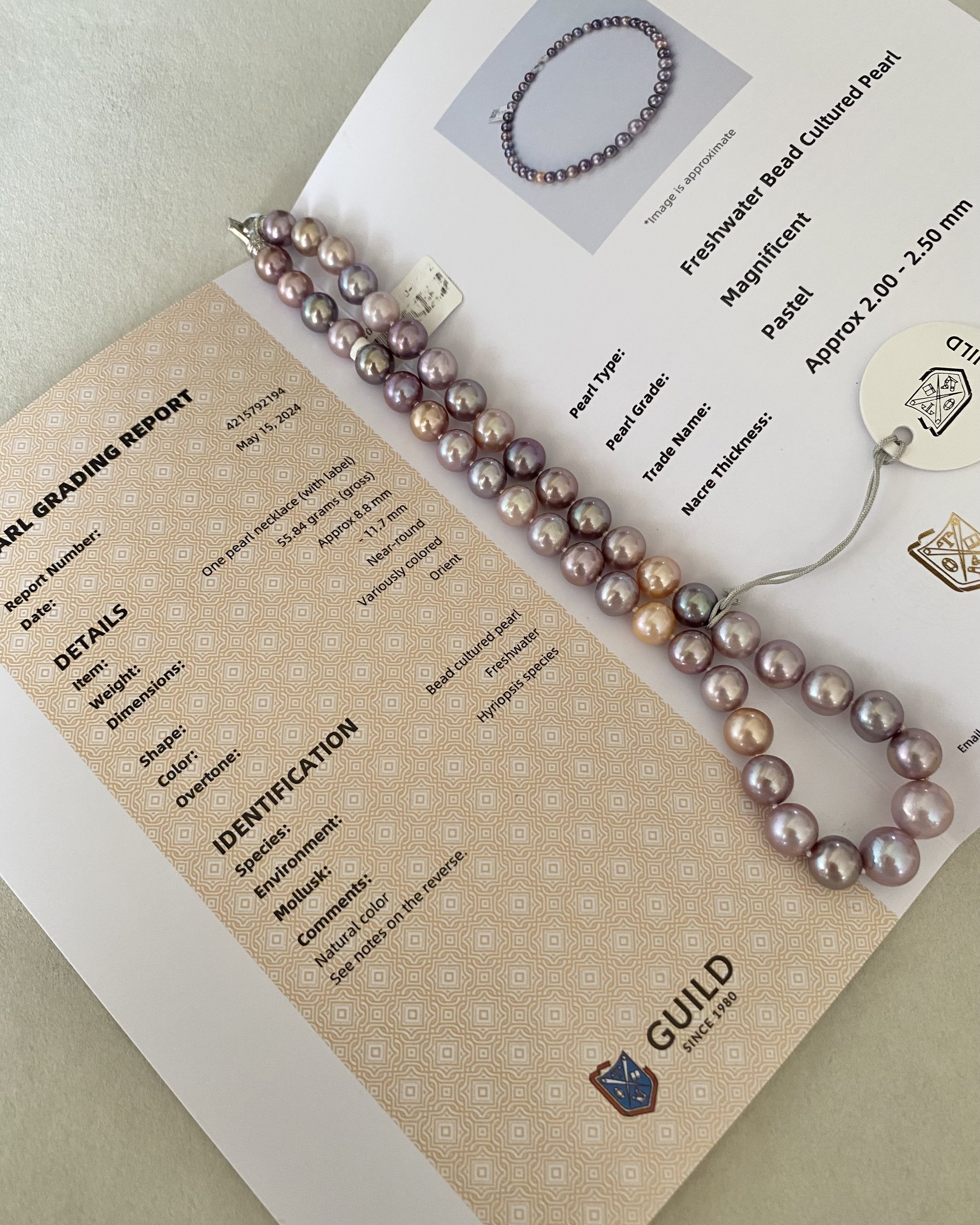GUILD Certified Top “Magnificent” 8-12mm Multi-Coloured Freshwater Pearl Necklace, Rare Metallic Peacock Overtones,S925, Pink Purple Starlit Pearls