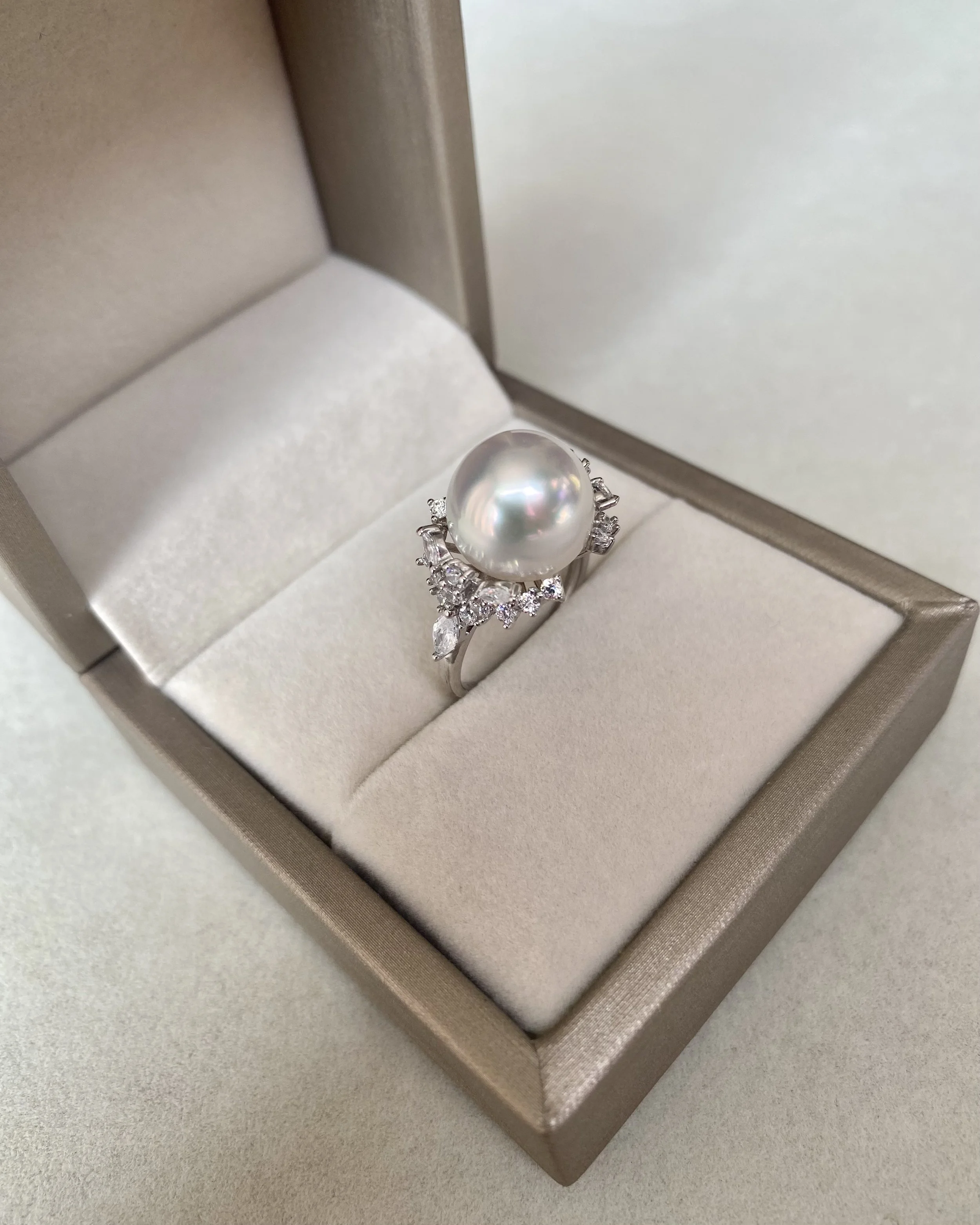 Regal 11.5-12mm Aurora Ice White Australian South Sea Pearl Ring, Satin Lustre, S925 Silver Floral Crown Setting_CZ Brilliance Starlit Pearls