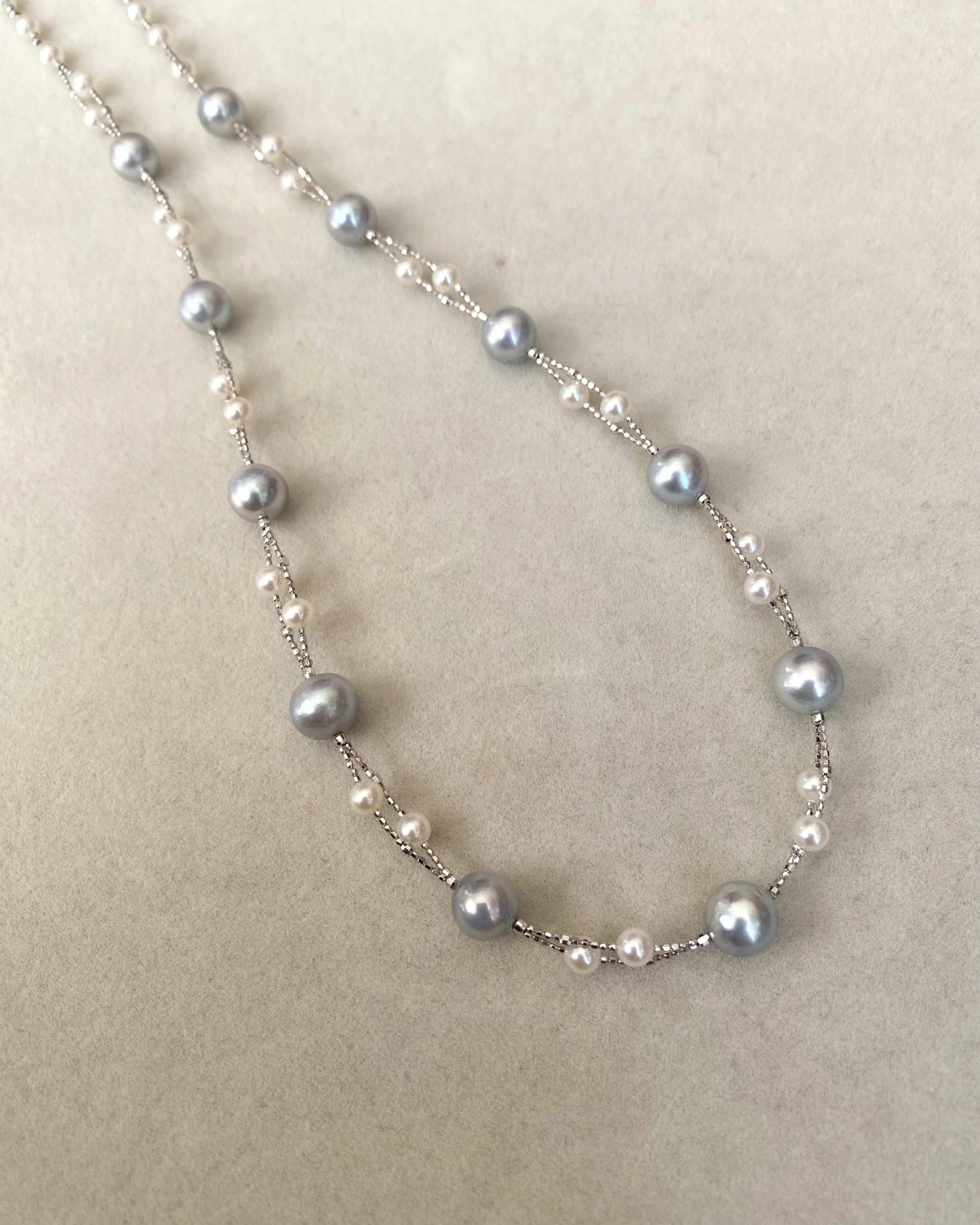 'Celestial Drift' Natural Silver-Grey Japanese Madama Akoya & Mini White Pearl Double-Strand Necklace 7–8mm/3mm, Japanese S925 Silver Starlit Pearls