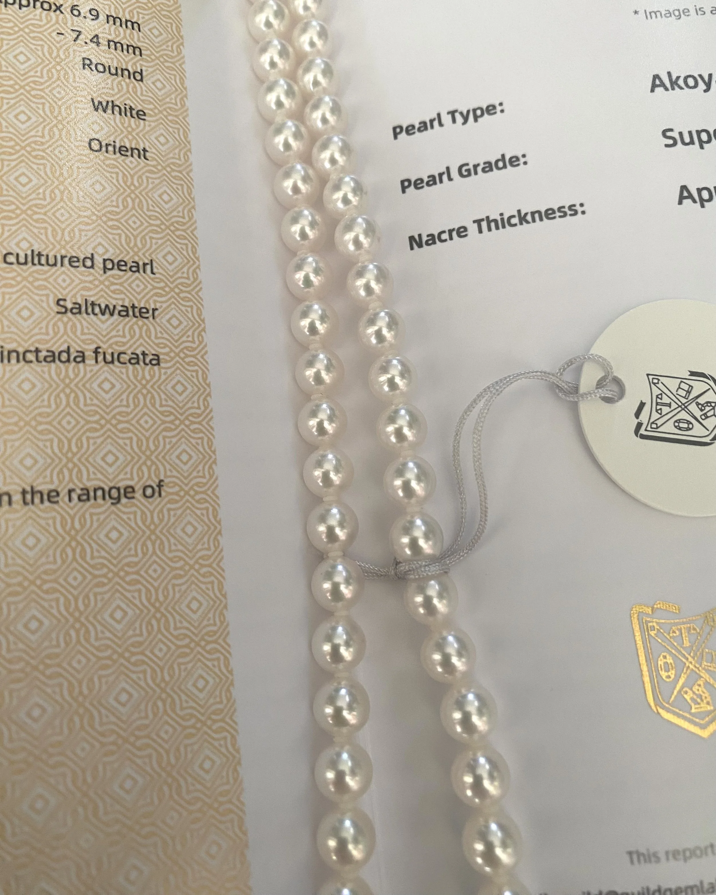 GUILD Certified Top-Gr Superior Snow White Japanese Akoya Pearl Necklace 7-7.5mm, Top Lustre, Orchid Black Mother-of-Pearl Clasp Starlit Pearls