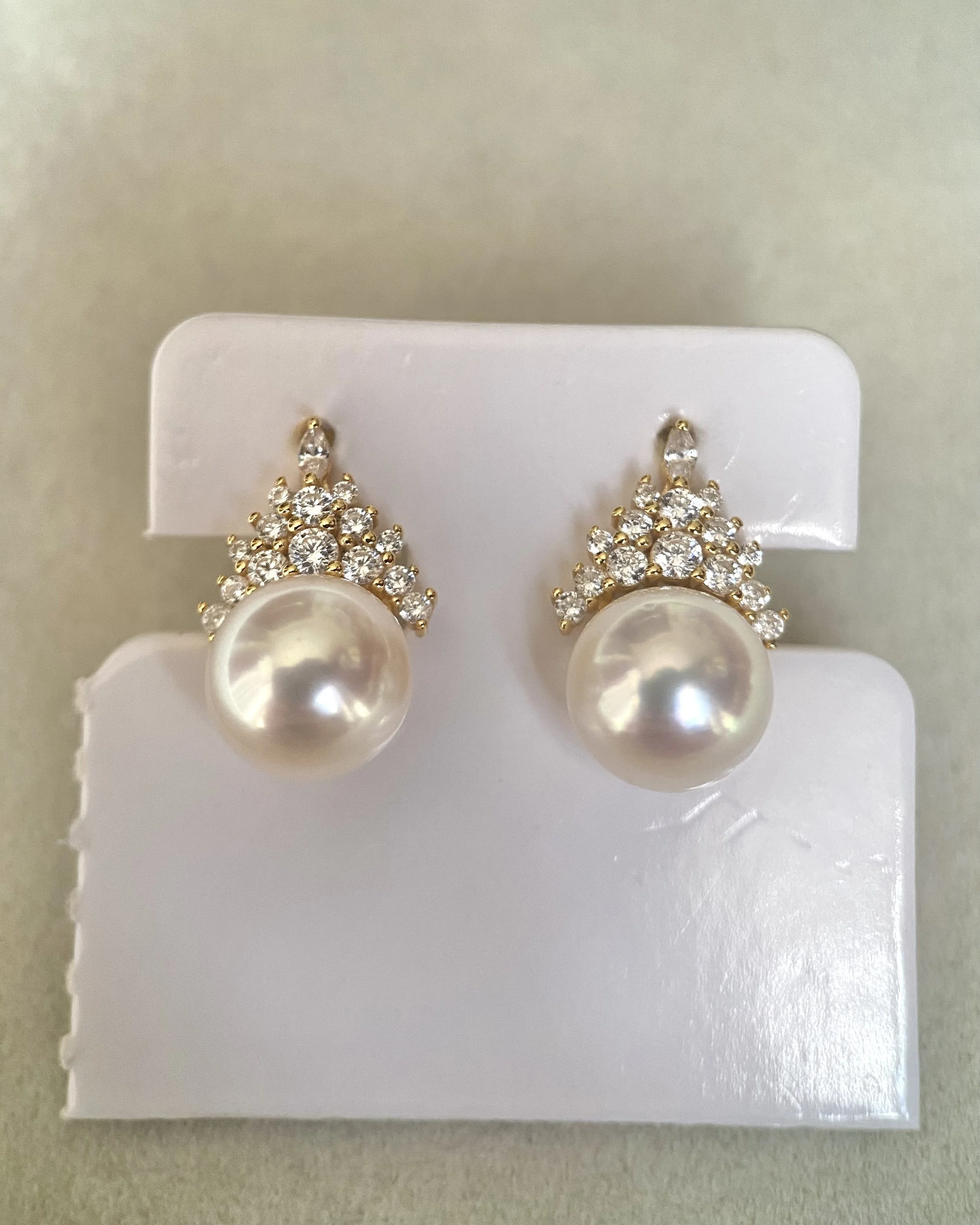 Top Quality Giant 9.2mm Japanese White Koshimono Akoya Pearl Earrings, Crown S925 Pavé Design, Exceptional High-Intensity Lustre Starlit Pearls