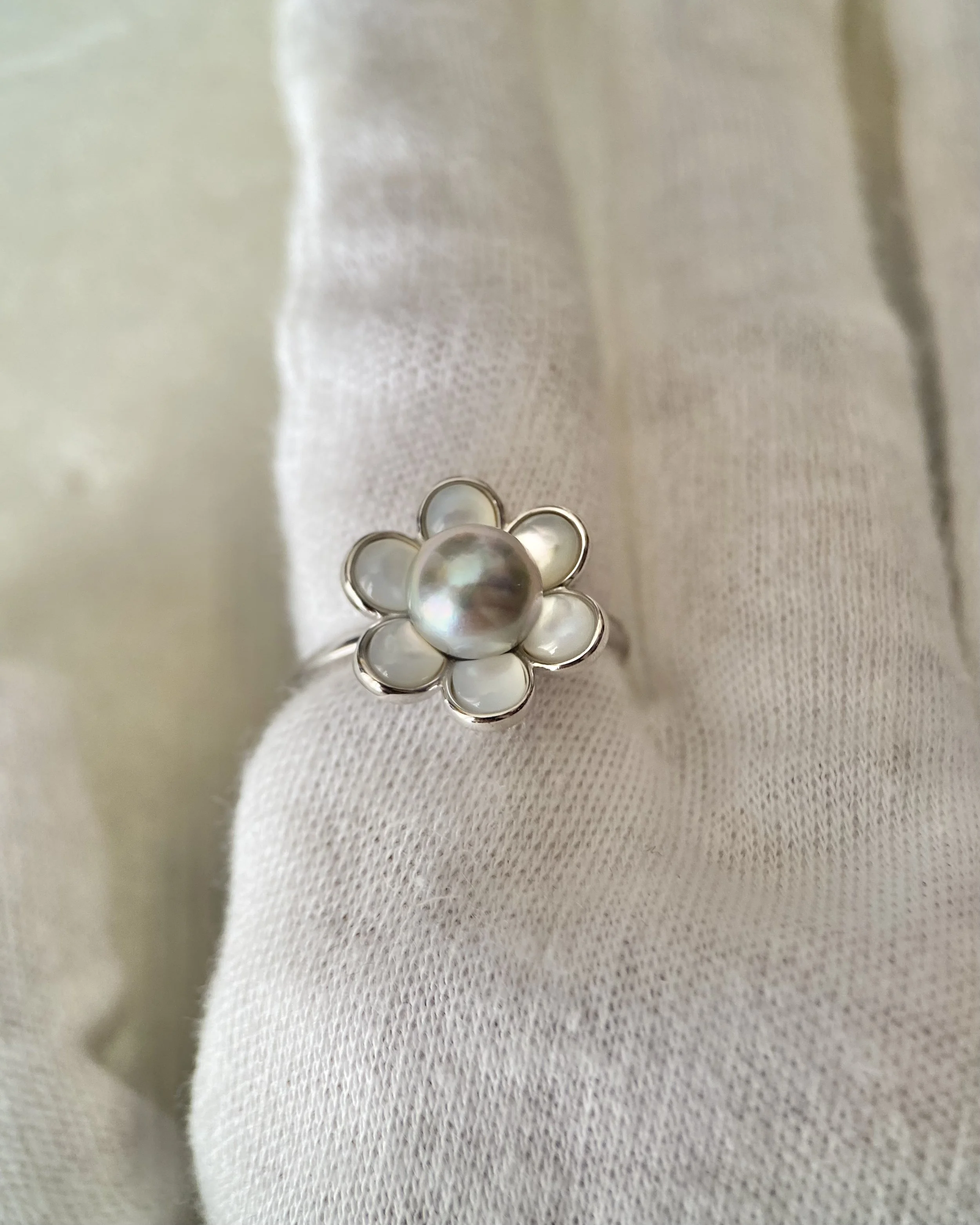 Japanese Natural Silver-Grey Madama Akoya Pearl Flower Ring 7.3mm, Rainbow Overtones, Mother of Pearl Petals, Silver Adjustable Band