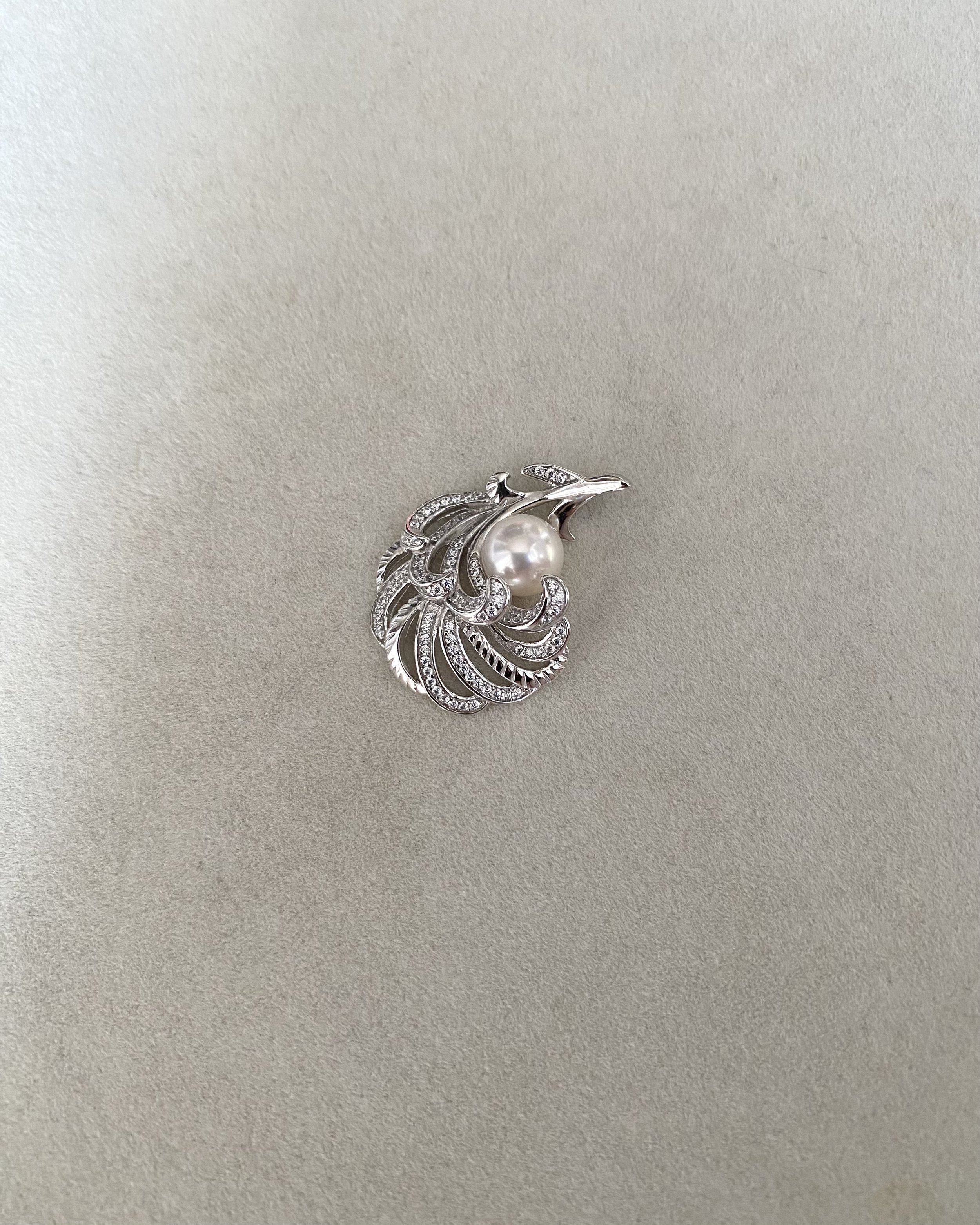 Top Quality Crystal White Japanese Akoya Pearl Pendant 8mm, Sculptural Layered Feather S925 Silver & CZ Design, Exhibition Piece Starlit Pearls