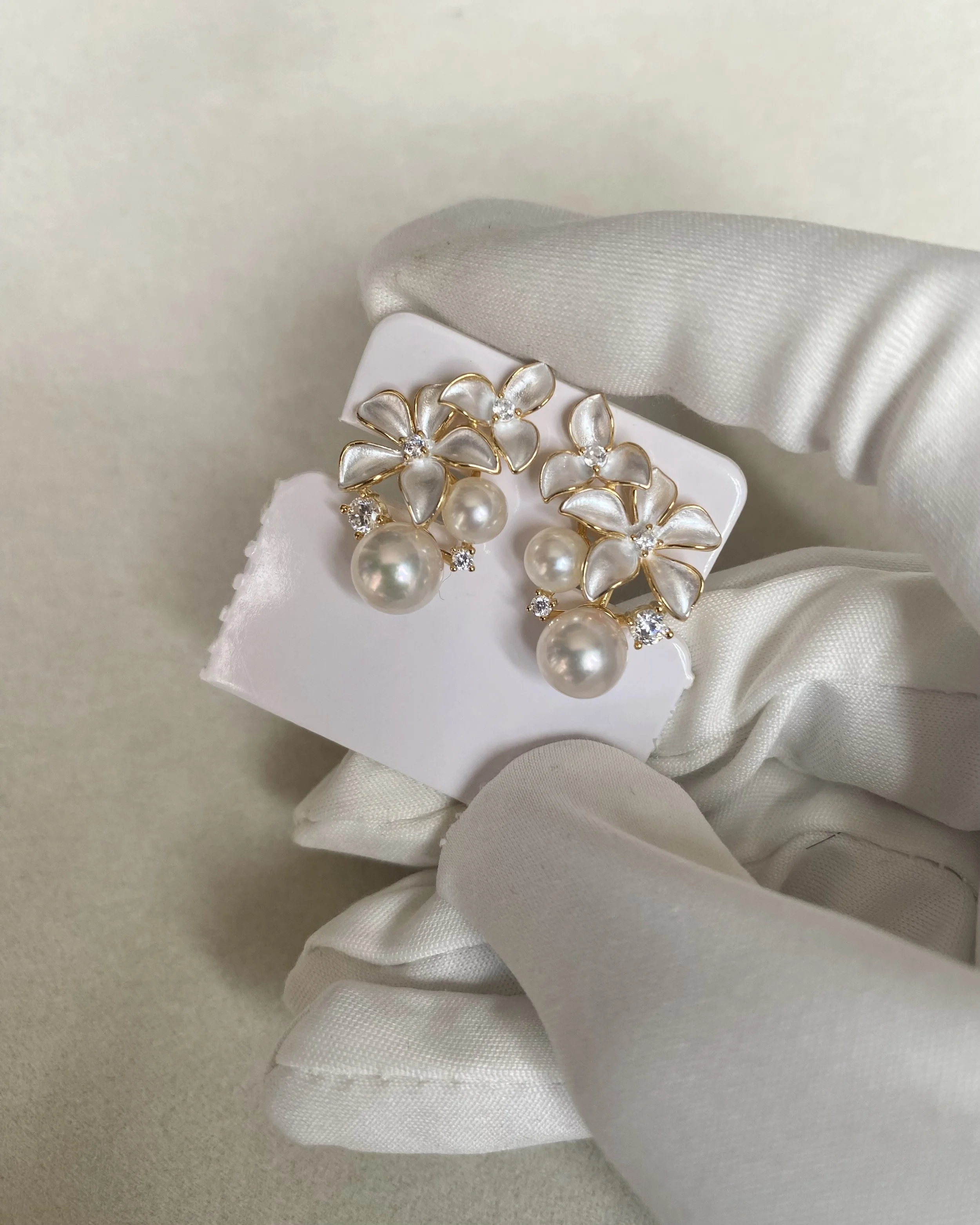6A Japanese White Akoya Pearl Sculptural Floral Earrings, Aurora Sairindama, Satin Petal Design, S925 Silver & CZ, Exhibition Piece Starlit Pearls