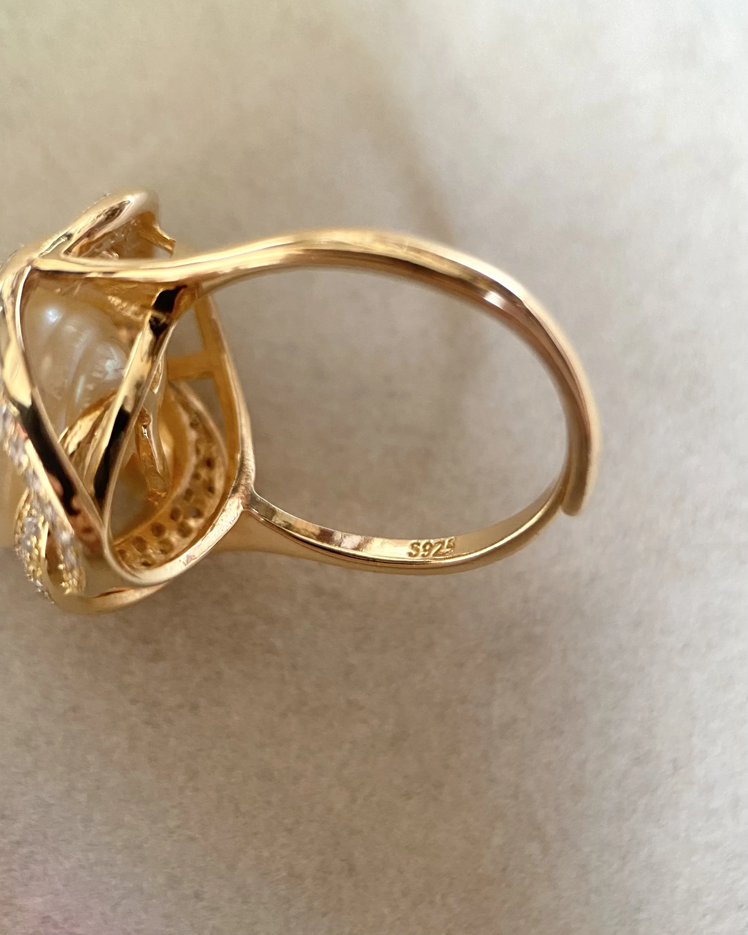 Premium Golden South Sea Pearl Ring 12.3mm, Flawless Crystal-Clear Gem Lustre, Luxurious Sculptural Pavé Crossover S925 Silver Design Starlit Pearls