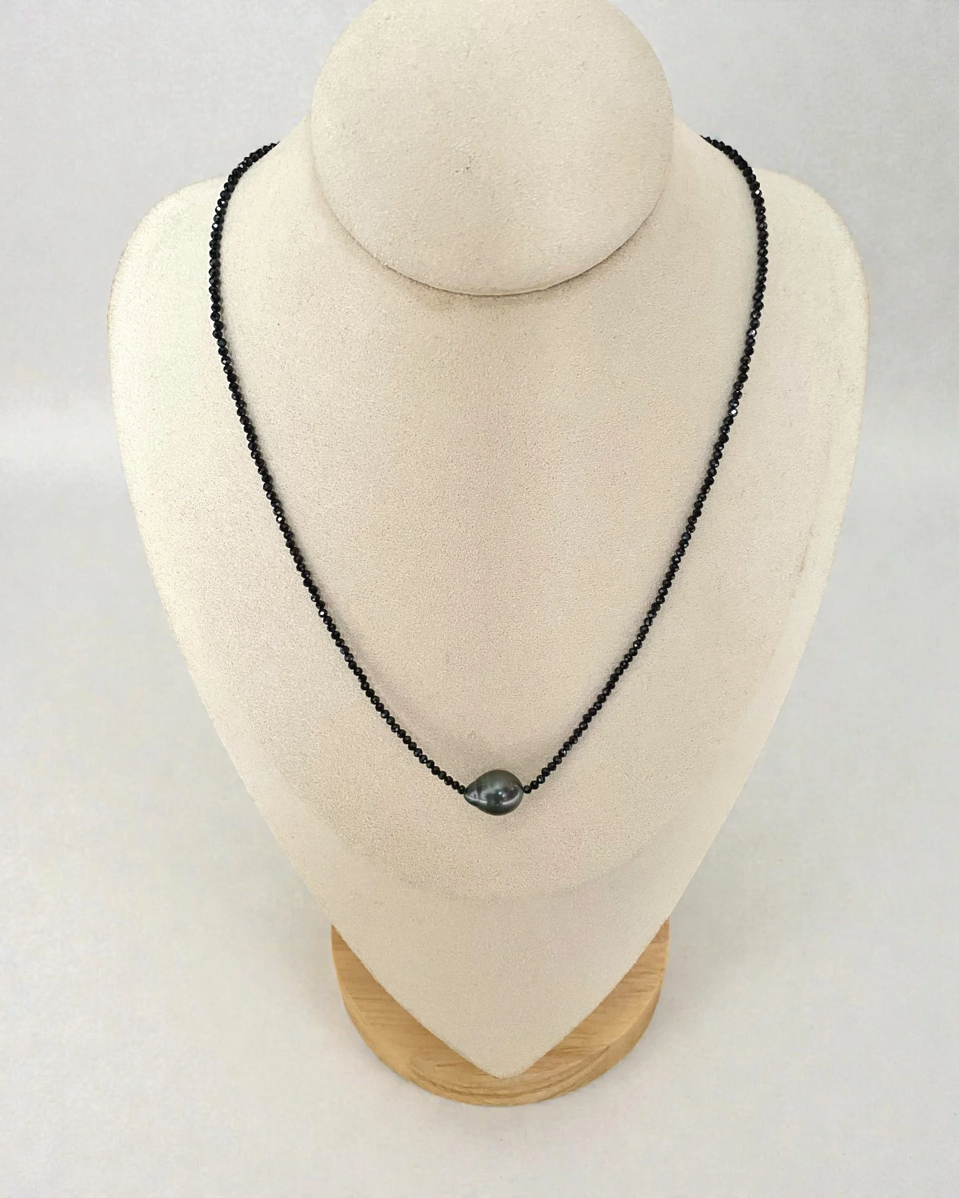 14mm Tahitian South Sea Baroque Pearl Necklace, Iridescent Peacock-Green Pearl on Micro-Faceted Black Spinel Strand, S925 Silver Clasp Starlit Pearls