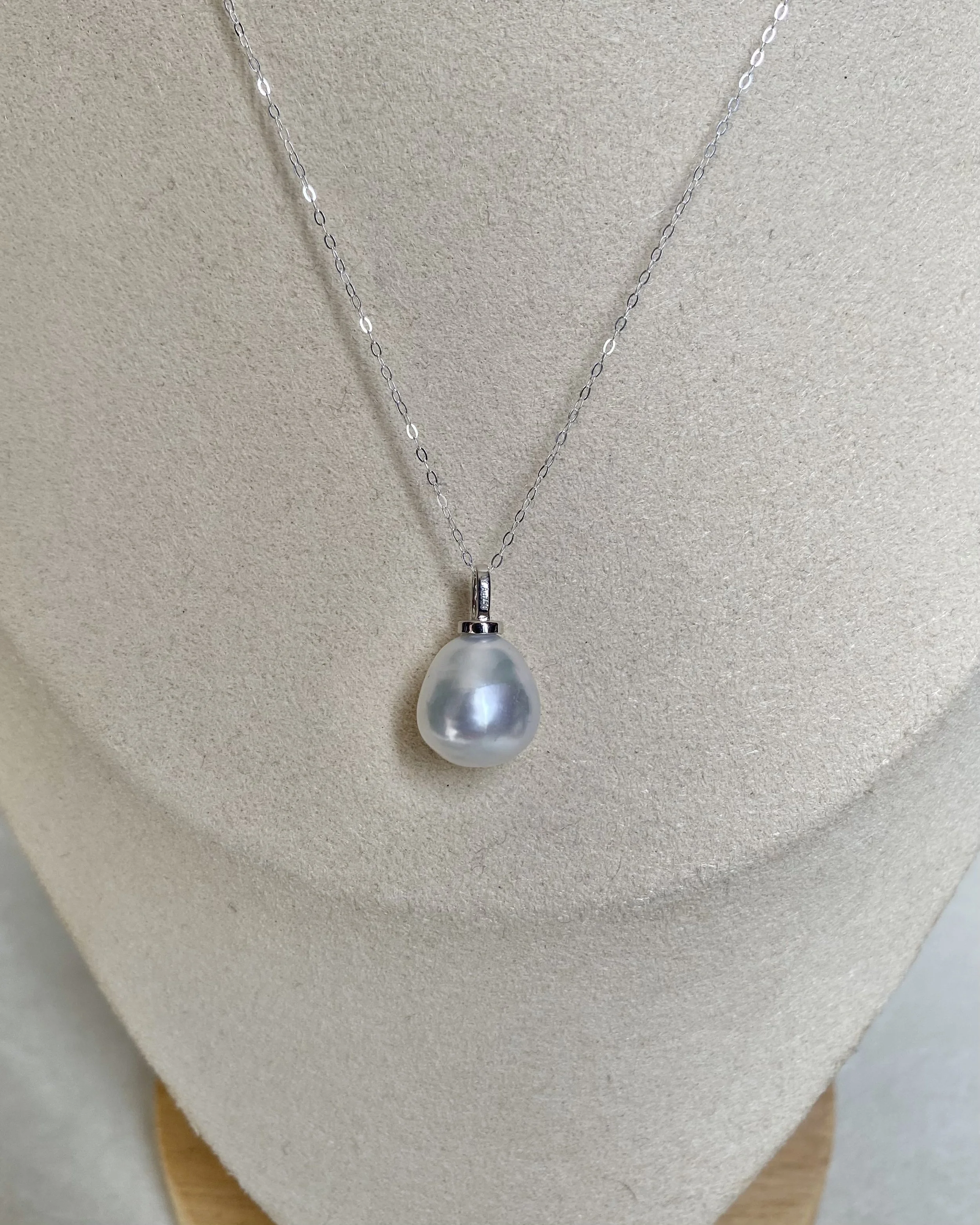 Solid 18ct White Gold_12mm Silver White Australian South Sea Baroque Pearl Pendant, 18K CZ Bail, Rare Cool-Tone Satin Lustre Starlit Pearls