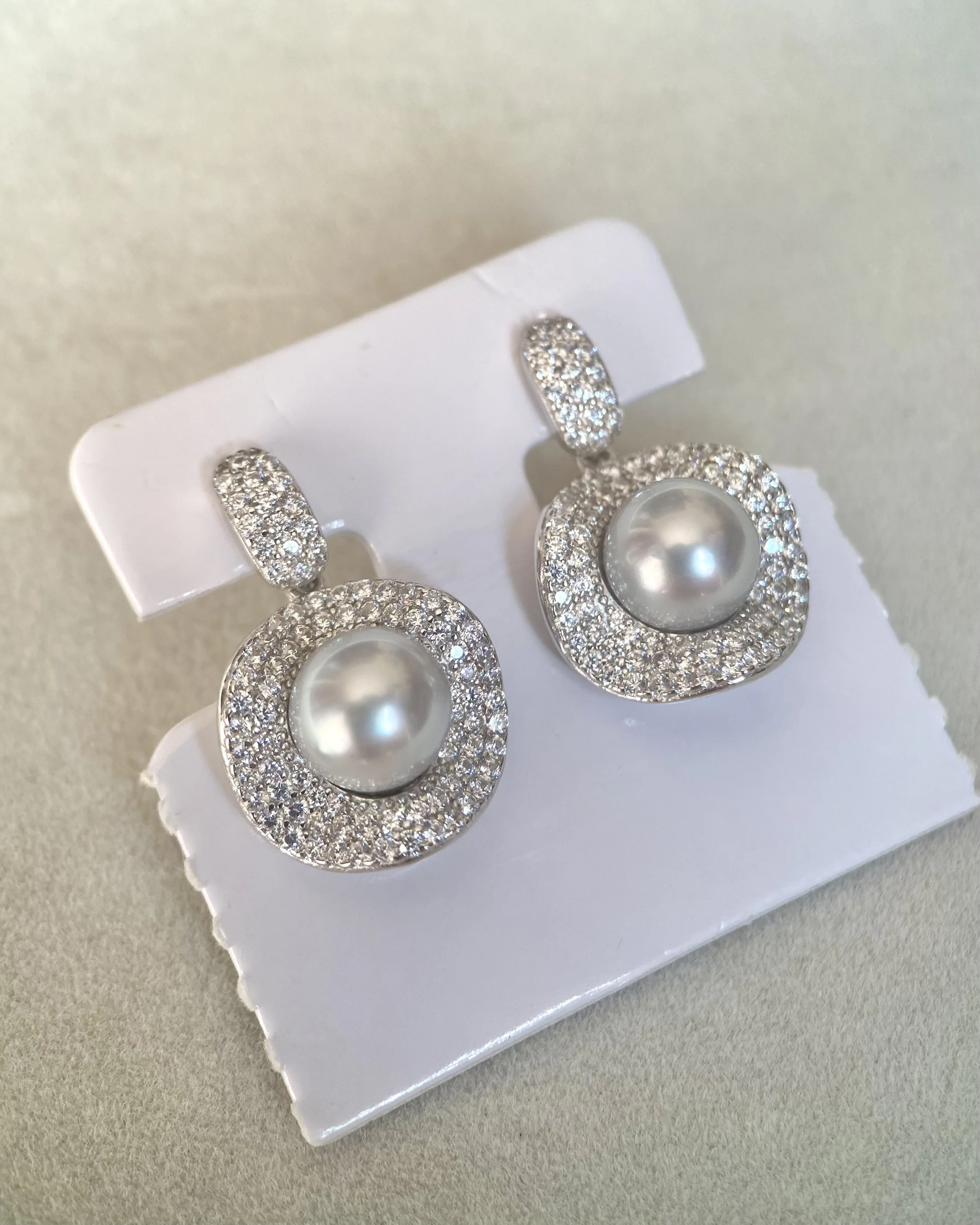Luxury Pavé Natural Silver Grey Japanese Madama Akoya Pearl Drop Earrings 8.1mm, Japanese S925 Silver Double Halo, Exhibition Piece Starlit Pearls