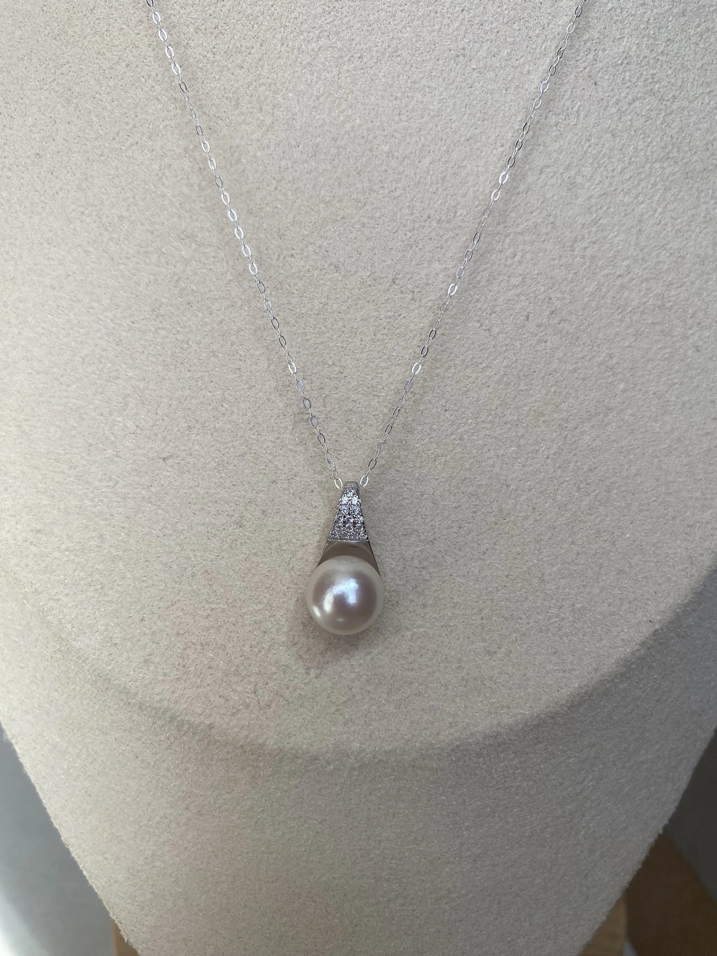 9.1mm Giant Japanese Natural Pale Pink Akoya Pearl Pendant, S925 Silver Pavé Teardrop Design, Rare Large Pearl, Exhibition Piece Starlit Pearls