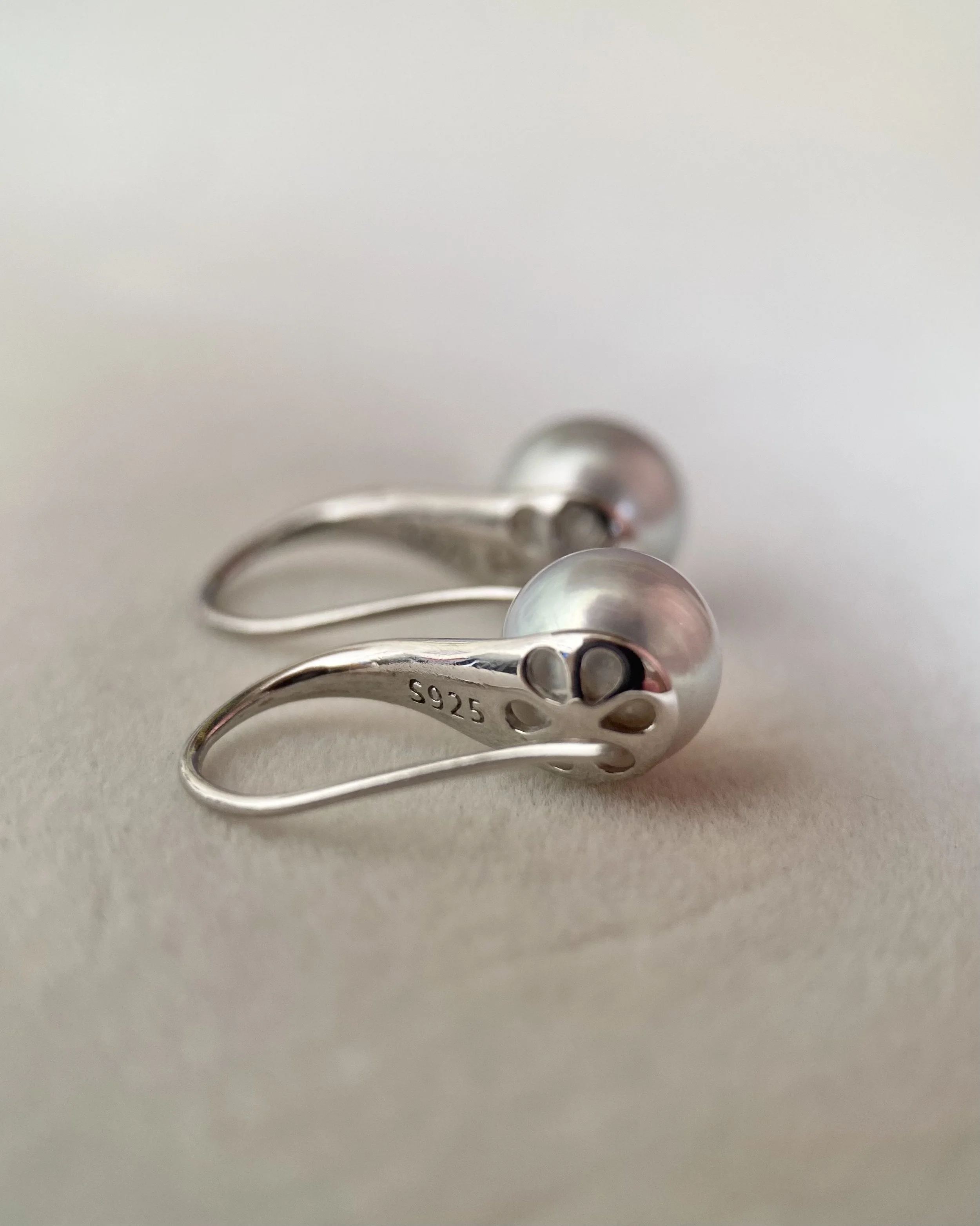 8.1mm Silver-Grey Blue Japanese Madama Akoya Pearl Hook Earrings, Mirror Lustre, Sculptural Satin-Brushed S925 Silver, Show Piece Starlit Pearls