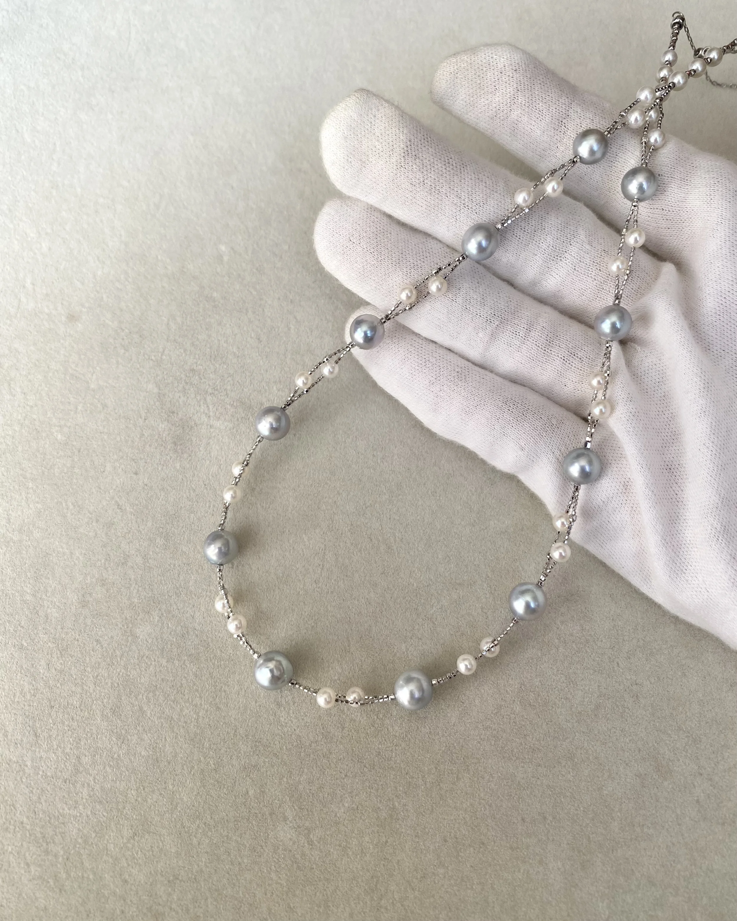 'Celestial Drift' Natural Silver-Grey Japanese Madama Akoya & Mini White Pearl Double-Strand Necklace 7–8mm/3mm, Japanese S925 Silver Starlit Pearls