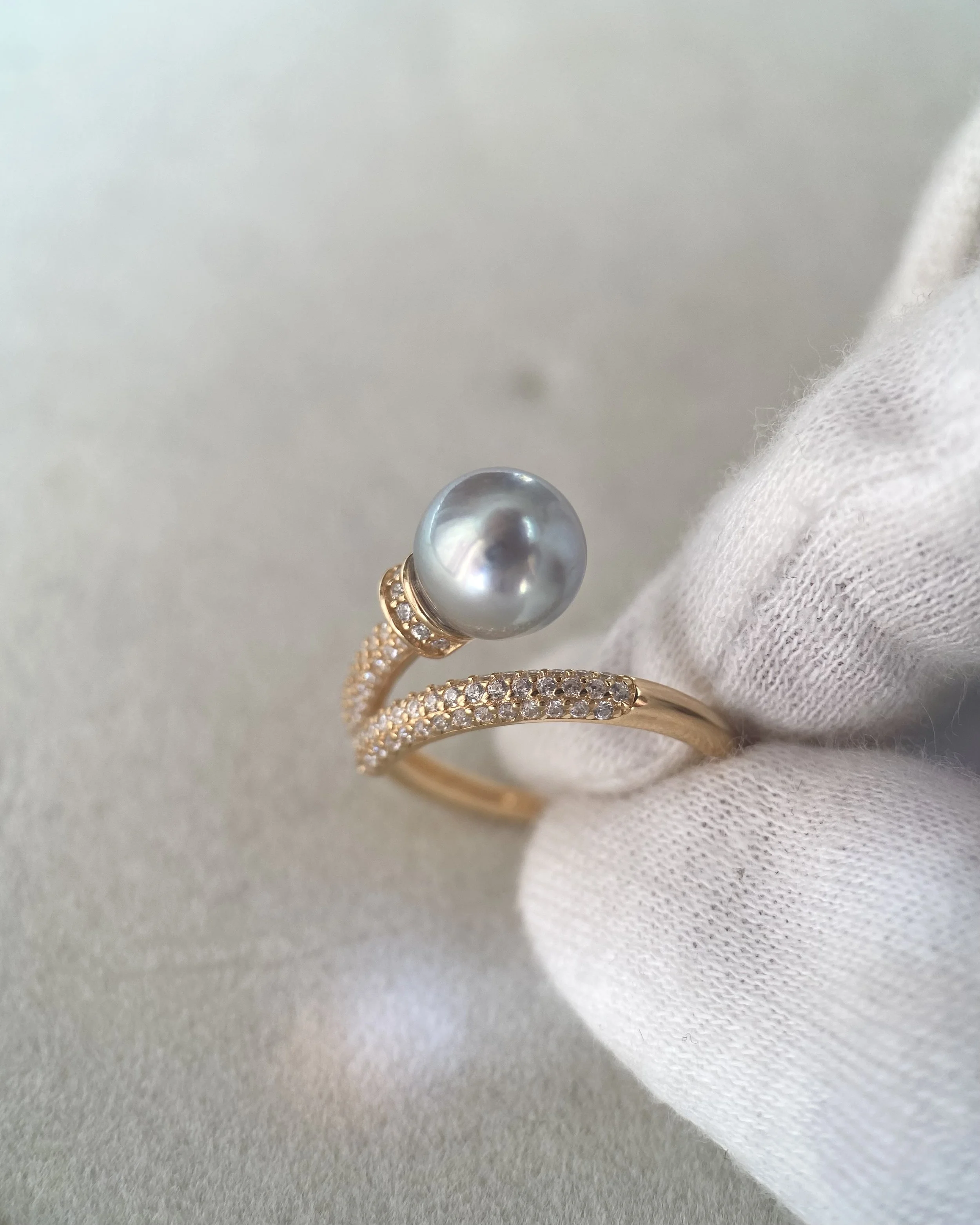 Premium 8.3mm Natural Silver-Grey Blue Japanese Madama Akoya Pearl Nail Ring, Mirror Lustre, S925 & Pavé CZ, Adjustable, Show Piece Starlit Pearls