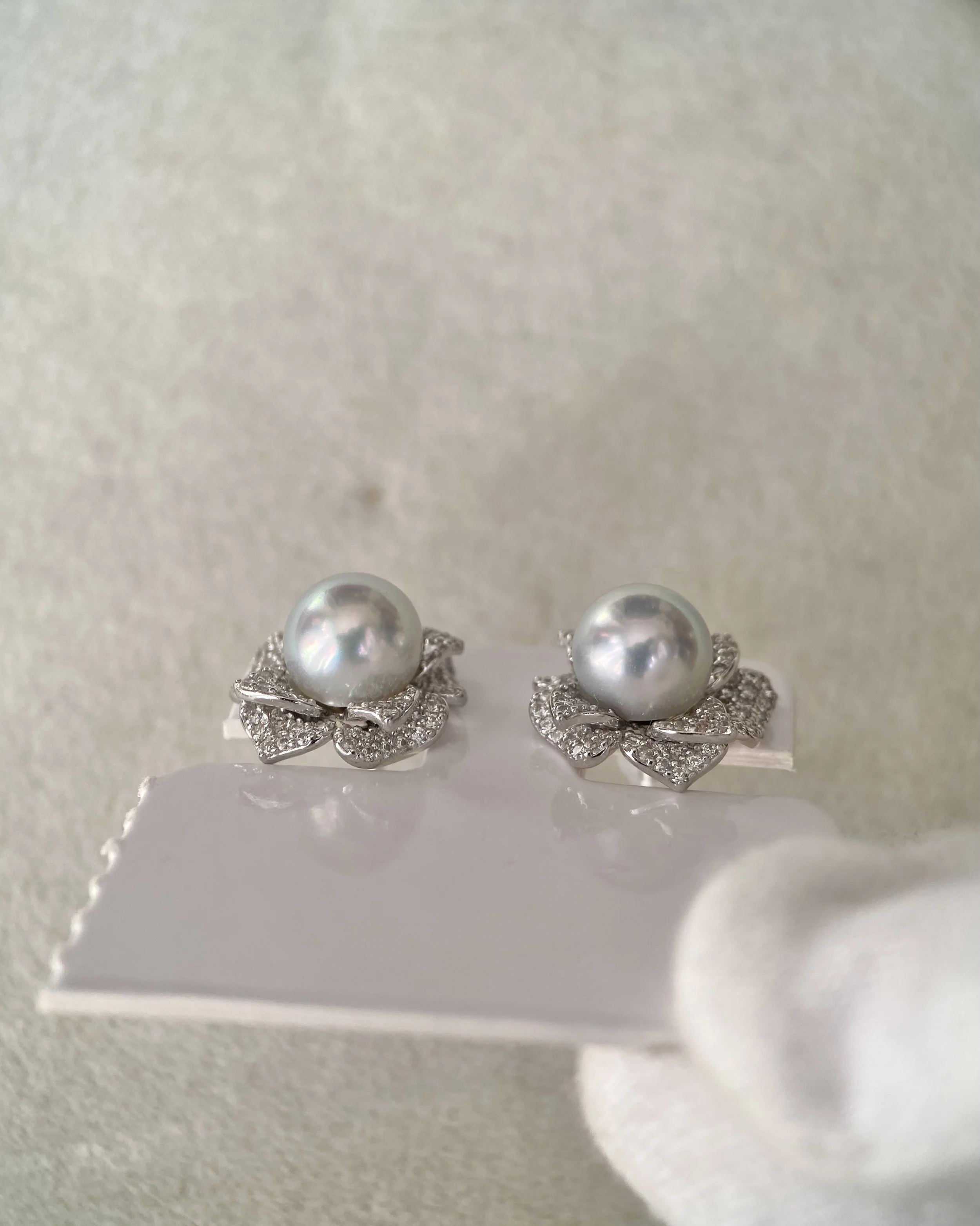 8mm Japanese Natural Silver-Grey Madama Akoya Pearl Camellia Stud Earrings, Mirror Lustre, S925 Layered Pavé CZ Petals, Show Piece