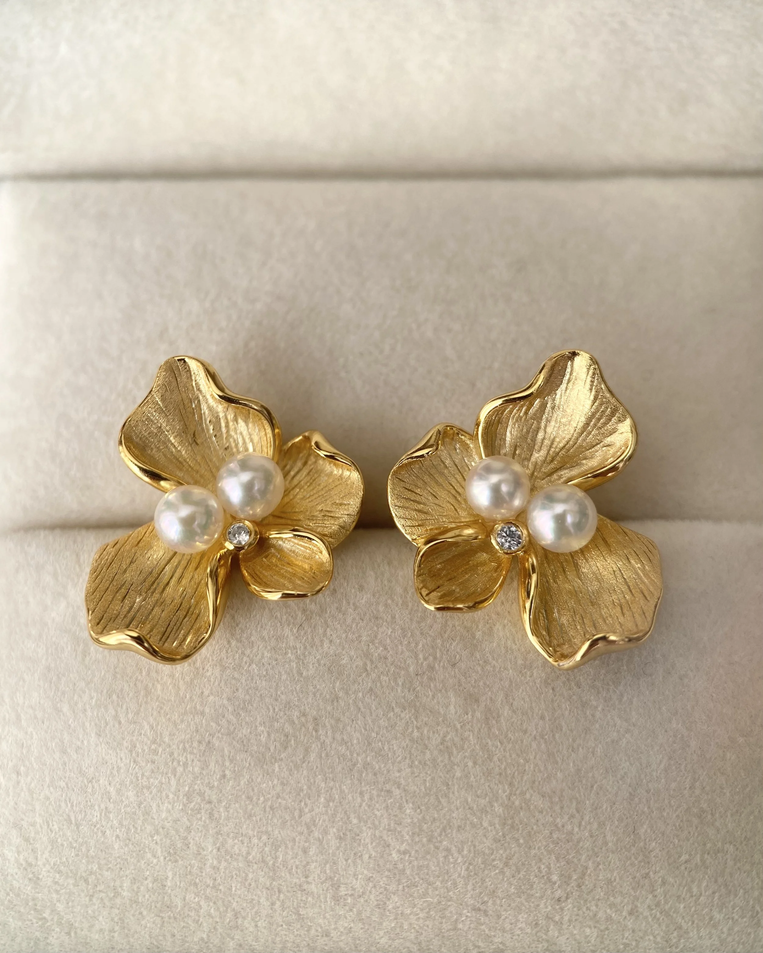 Top-Gr White Japanese Sairindama Akoya Pearl Floral Earrings, Sculptural S925 Silver Petals with Satin-Brushed Texture_CZ, Show Piece Starlit Pearls