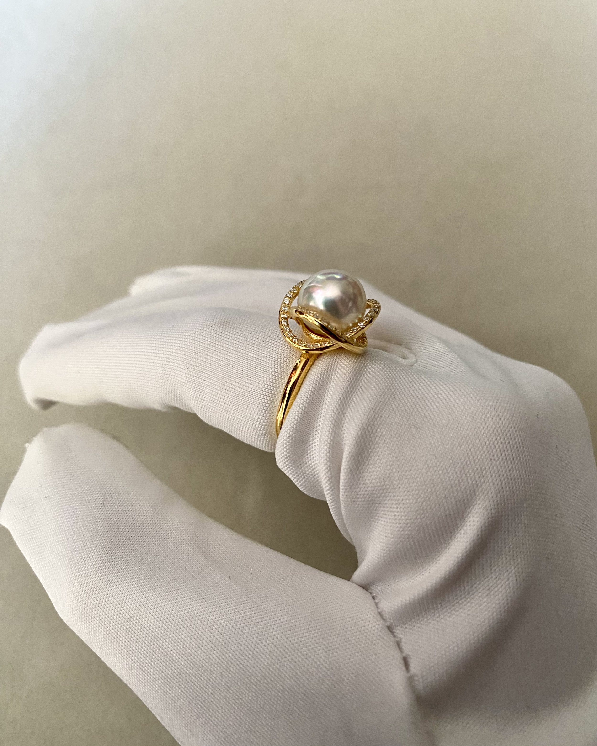 9mm Japanese Sakura Pink Akoya Pearl Ring, Brilliant Lustre, Pavé-Set S925 Interwoven Wave Adjustable Band, Pearl from Renowned Otsuki Pearl Starlit Pearls