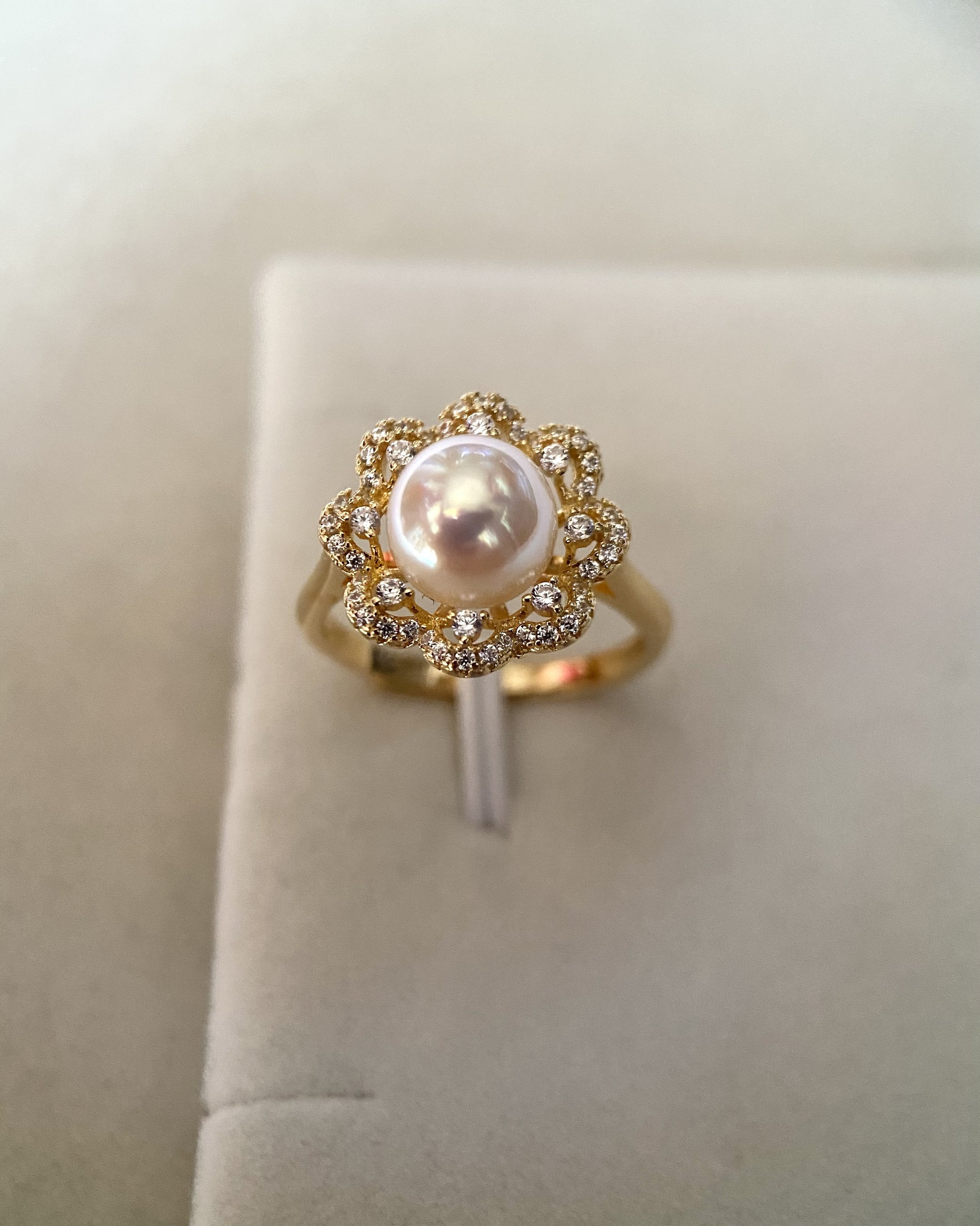 8-8.5mm Japanese White Akoya Pearl Ring, Vivid Pink Overtone, from Renowned Otsuki Pearl, Adjustable S925 Silver w Dazzling CZ Flower Design Starlit Pearls