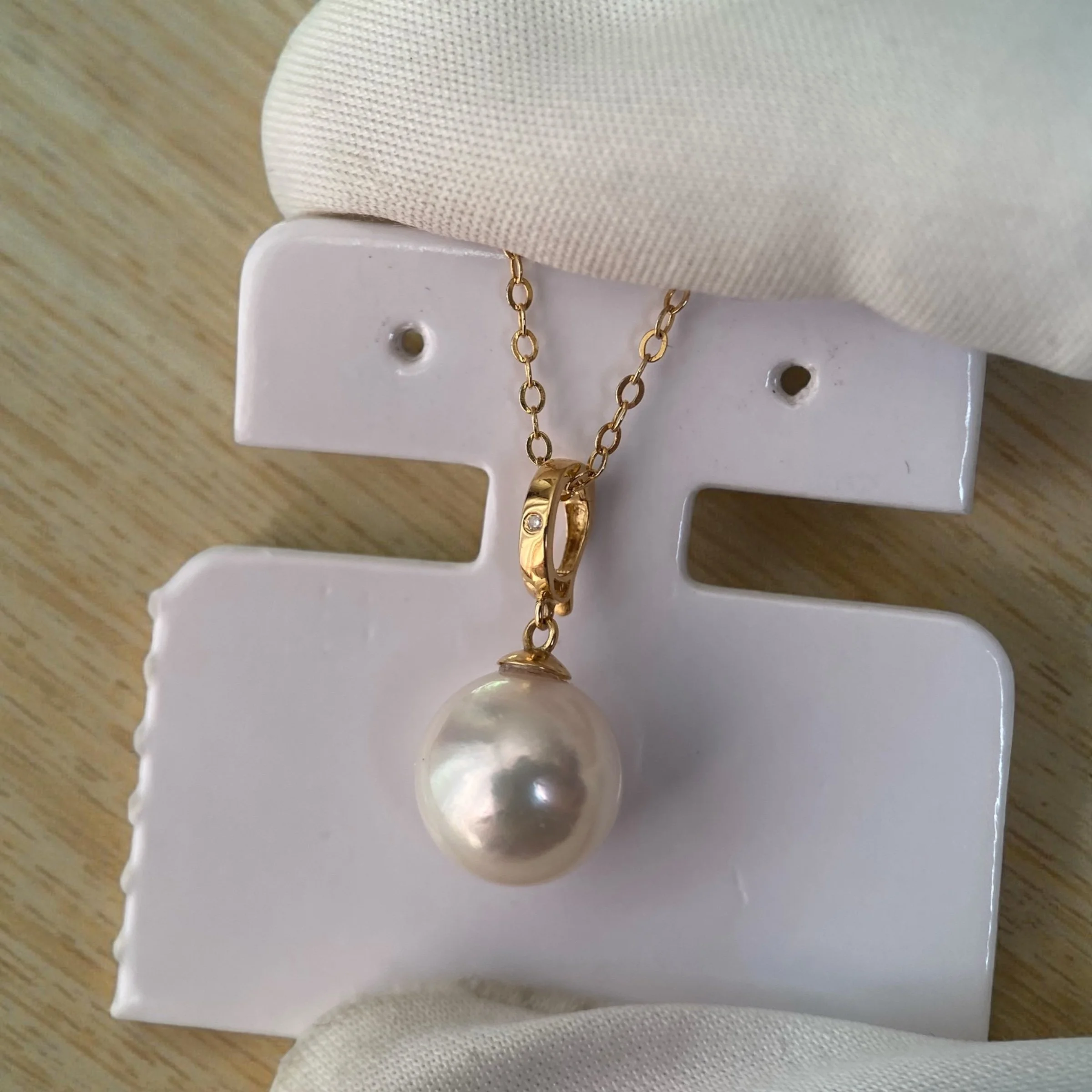Rare 9.2mm Oversized Japanese White Akoya Pearl Pendant, Otsuki Pearl Origin, Pale Pink Overtone, Solid 18K Gold Open Clasp/D0.003CT Diamond Starlit Pearls