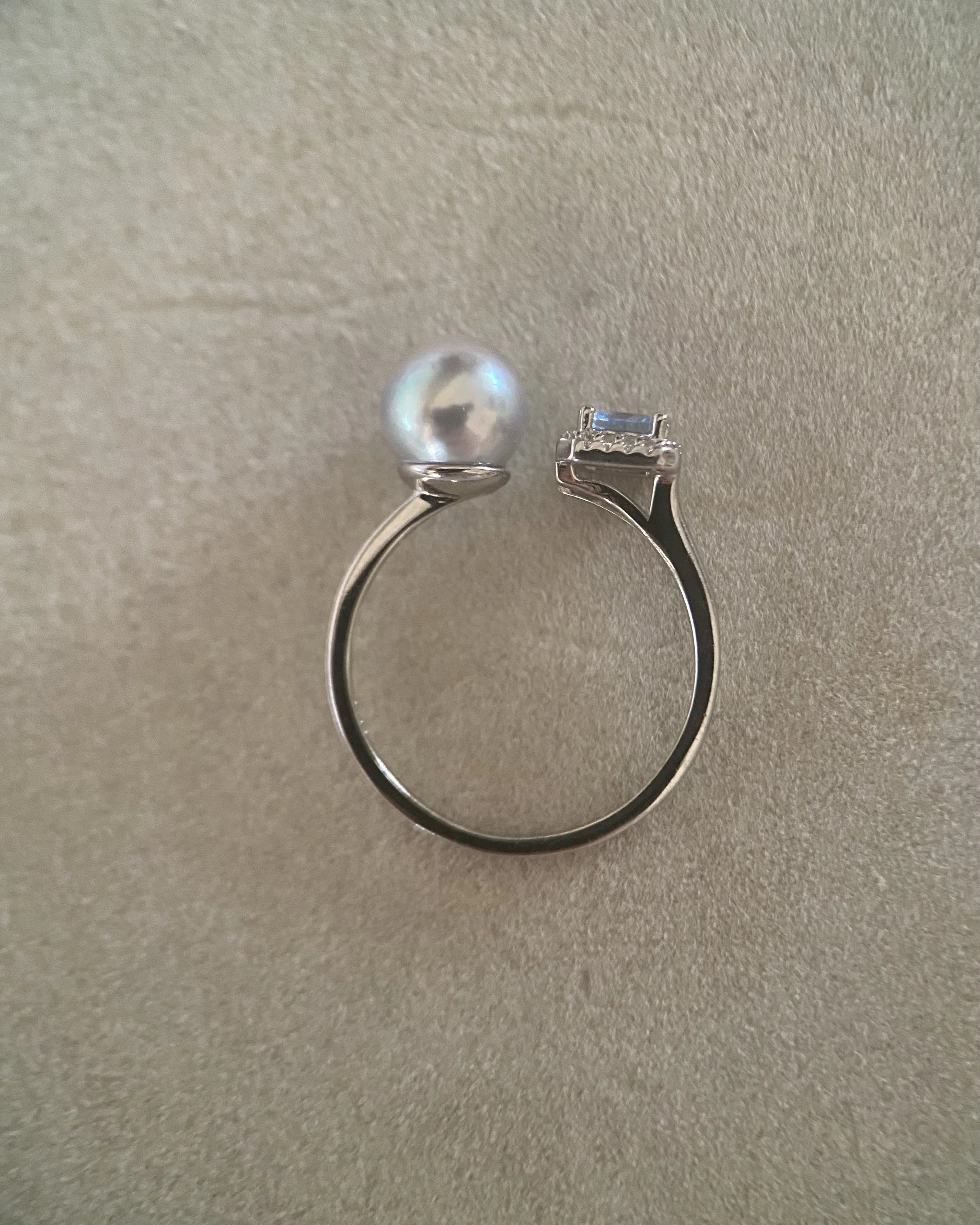 Premium Japanese Silver-Grey Blue Madama Akoya Pearl Open Ring 7.5mm, Ice-Blue Princess-Cut CZ, Adjustable S925, Exhibition Piece Starlit Pearls