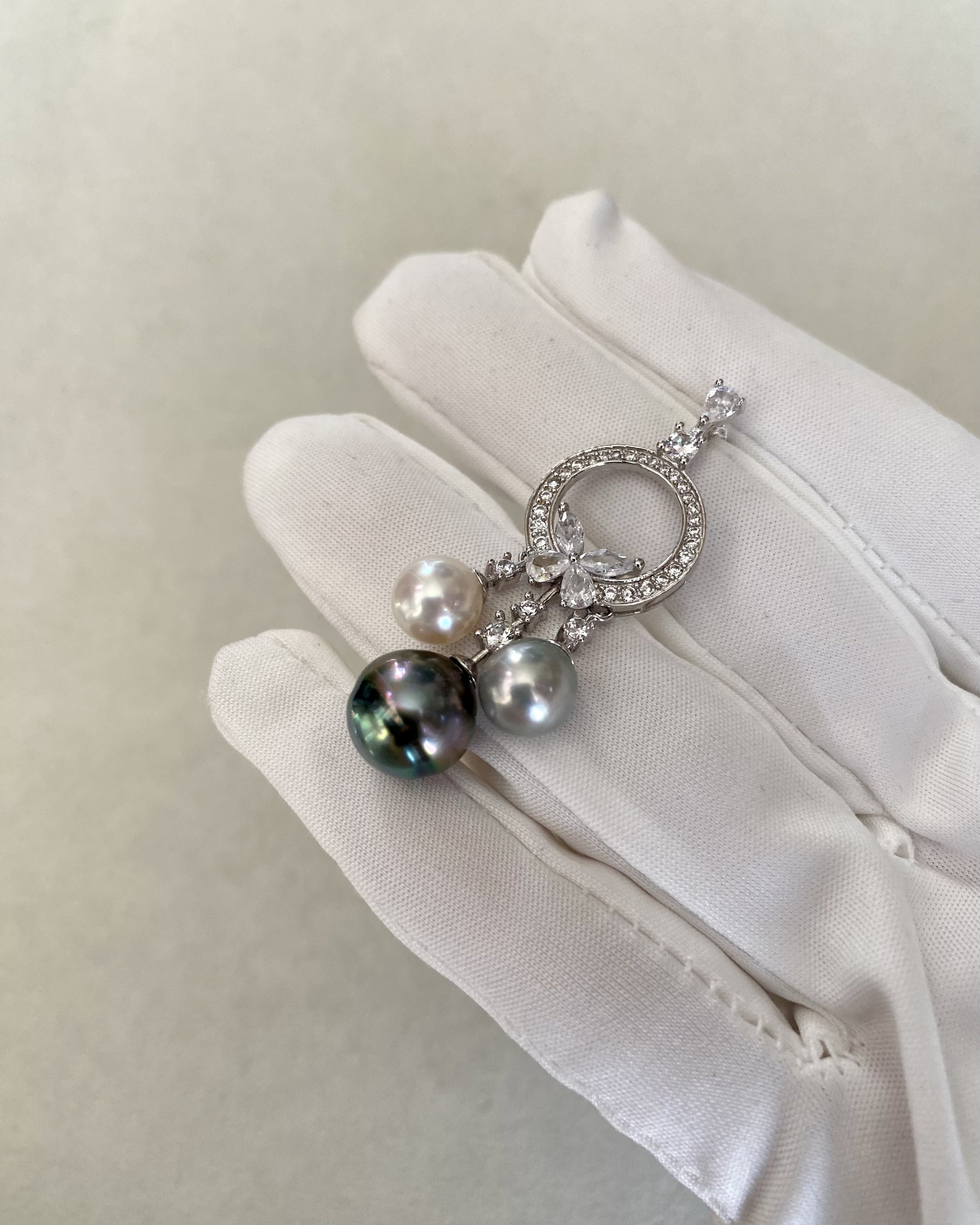 Rare 11mm Tahitian Peacock Green Baroque South Sea Pearl Pendant w/ 8mm Japanese White & Silver Madama Akoya Pearls, 925 Dreamcatcher Design Starlit Pearls