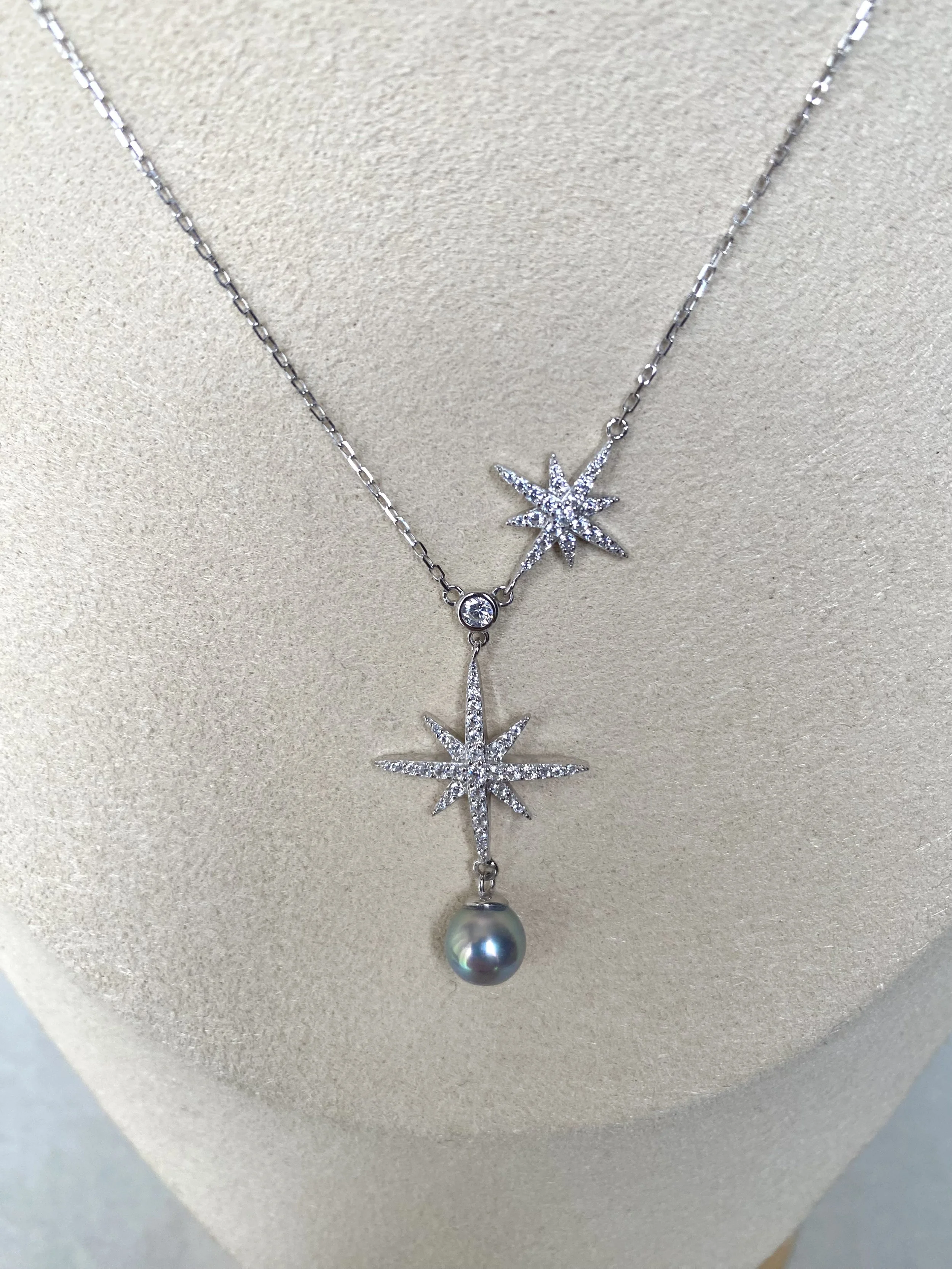 Japanese Silver-Peacock Green Madama Akoya Pearl Pendant Necklace 7mm, 7A Aurora Lustre, Starburst Pavé CZ S925 Chain, Made In Japan Starlit Pearls