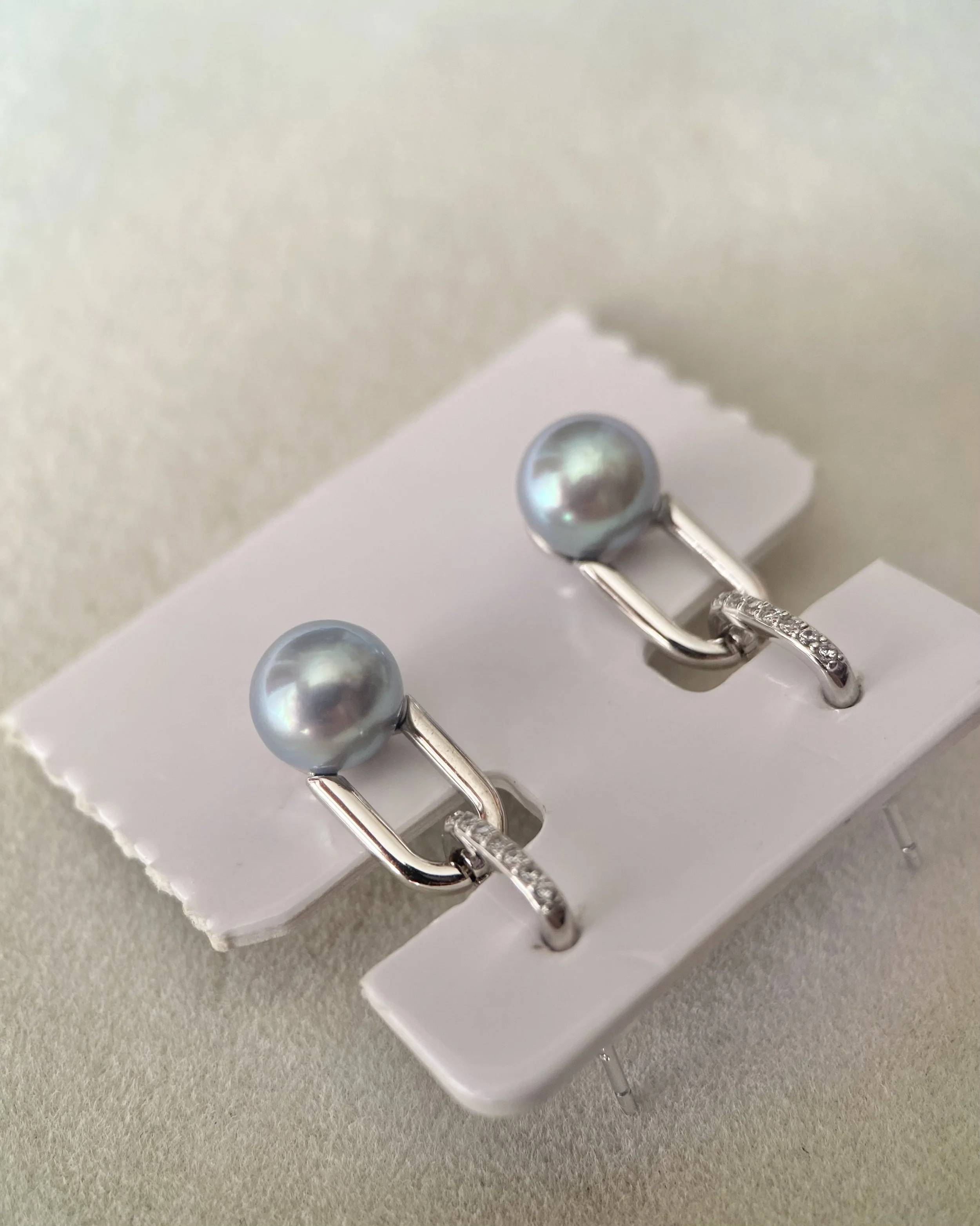 Natural Icy Blue Japanese Madama Akoya Pearl Link Drop Earrings 7.2–7.3mm, Pavé CZ Two-Part S925 Silver, Japan Jewellery Show Piece Starlit Pearls