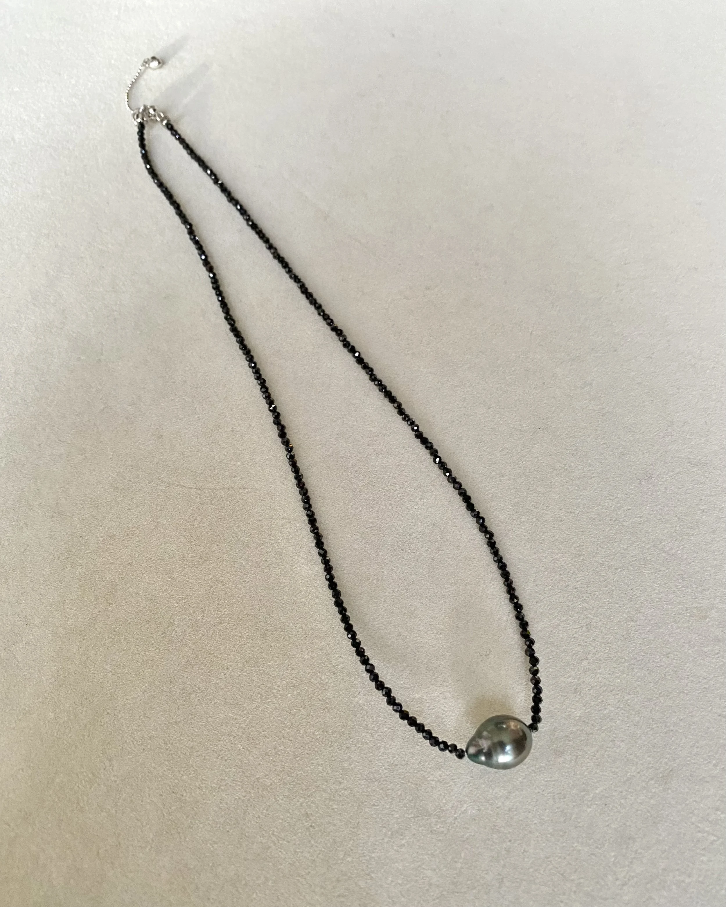 14mm Tahitian South Sea Baroque Pearl Necklace, Iridescent Peacock-Green Pearl on Micro-Faceted Black Spinel Strand, S925 Silver Clasp Starlit Pearls