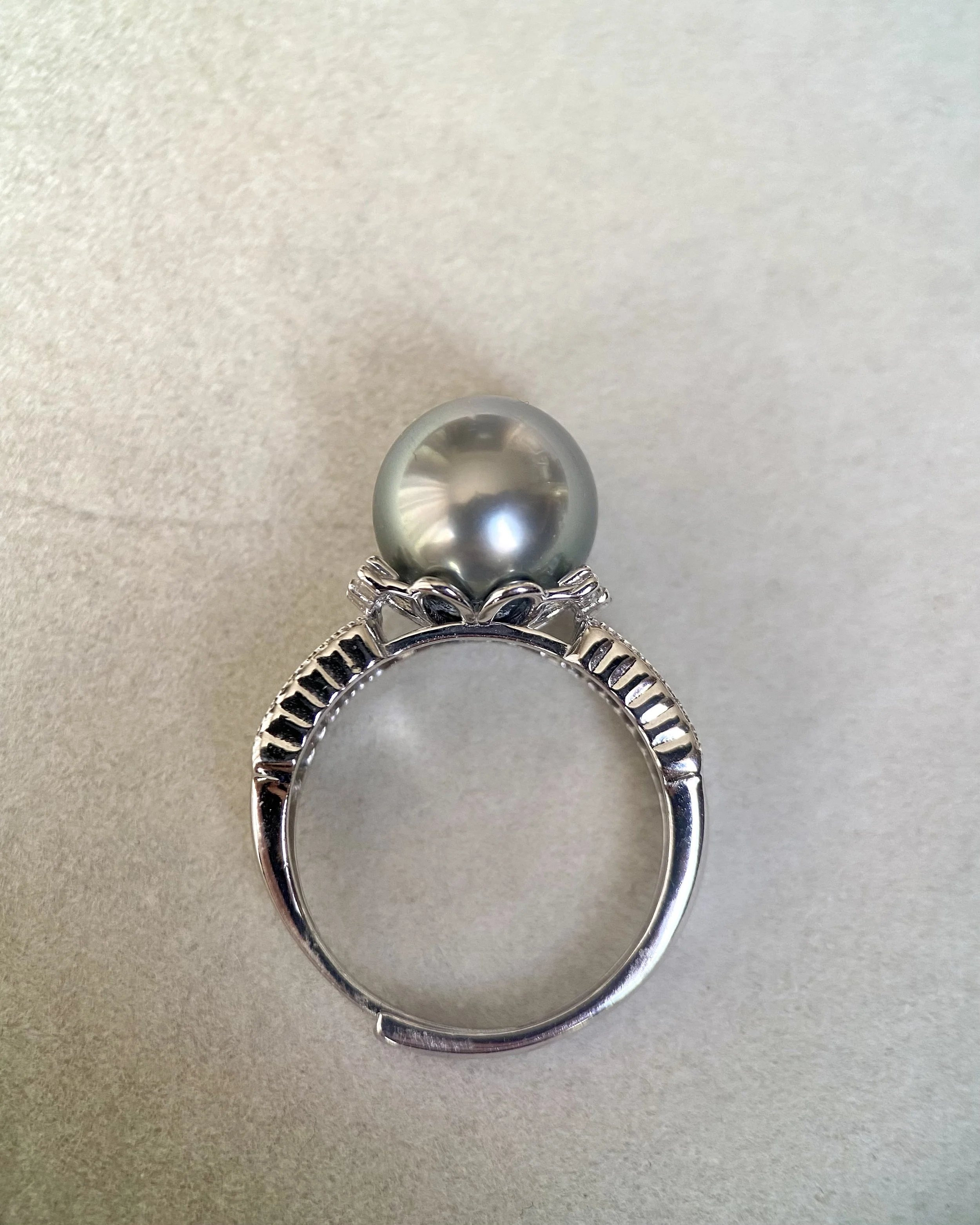 Large 11.3mm Platinum-Grey Tahitian South Sea Pearl Ring, Metallic Lustre, Pavé CZ Crown S925 Silver Adjustable Band Starlit Pearls