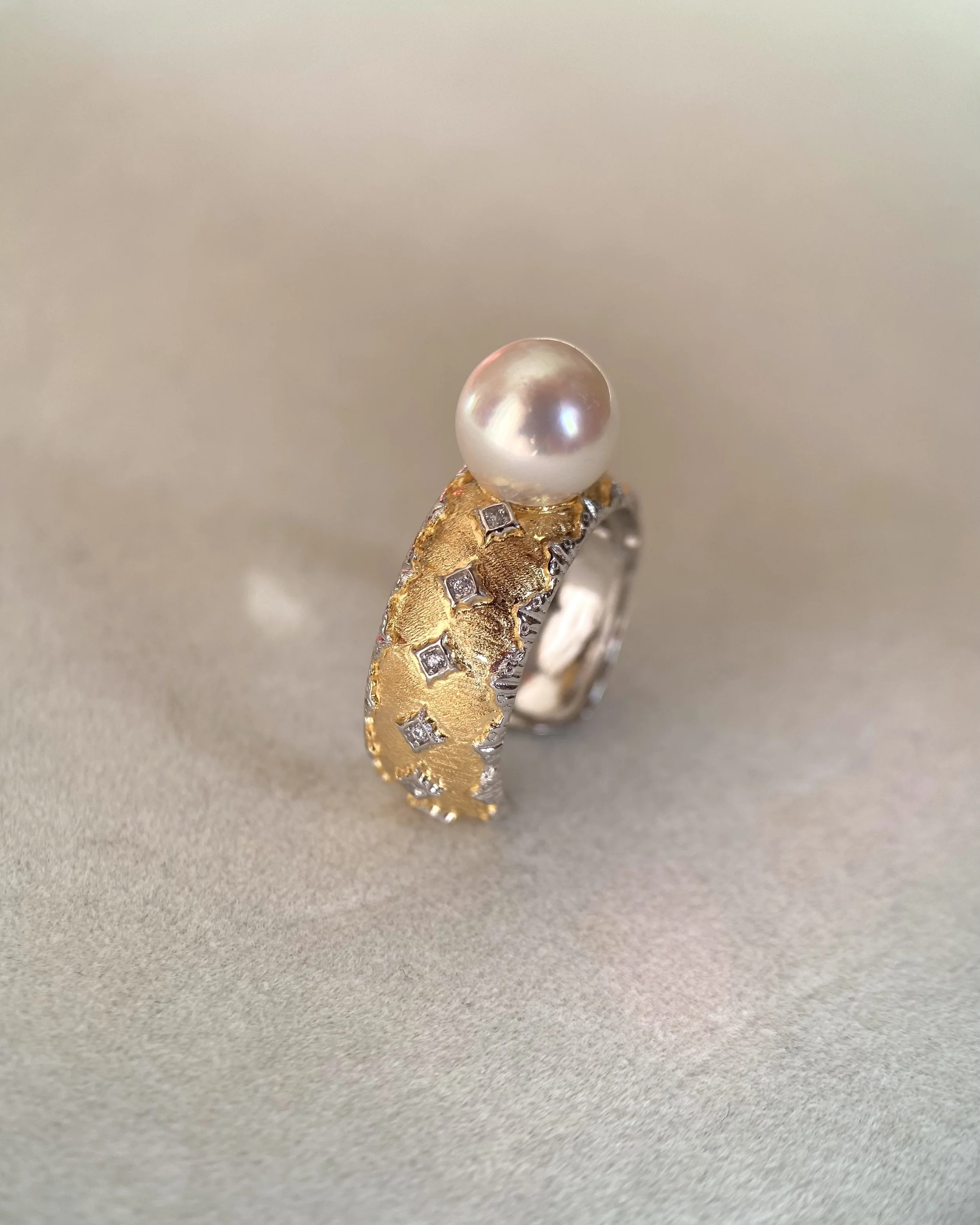 Rare Japanese White-Clear Akoya Pearl Ring 8.5mm, Soft Pink Overtone, Elegant Two-Tone Engraved S925 Silver Adjustable Wide Band Starlit Pearls