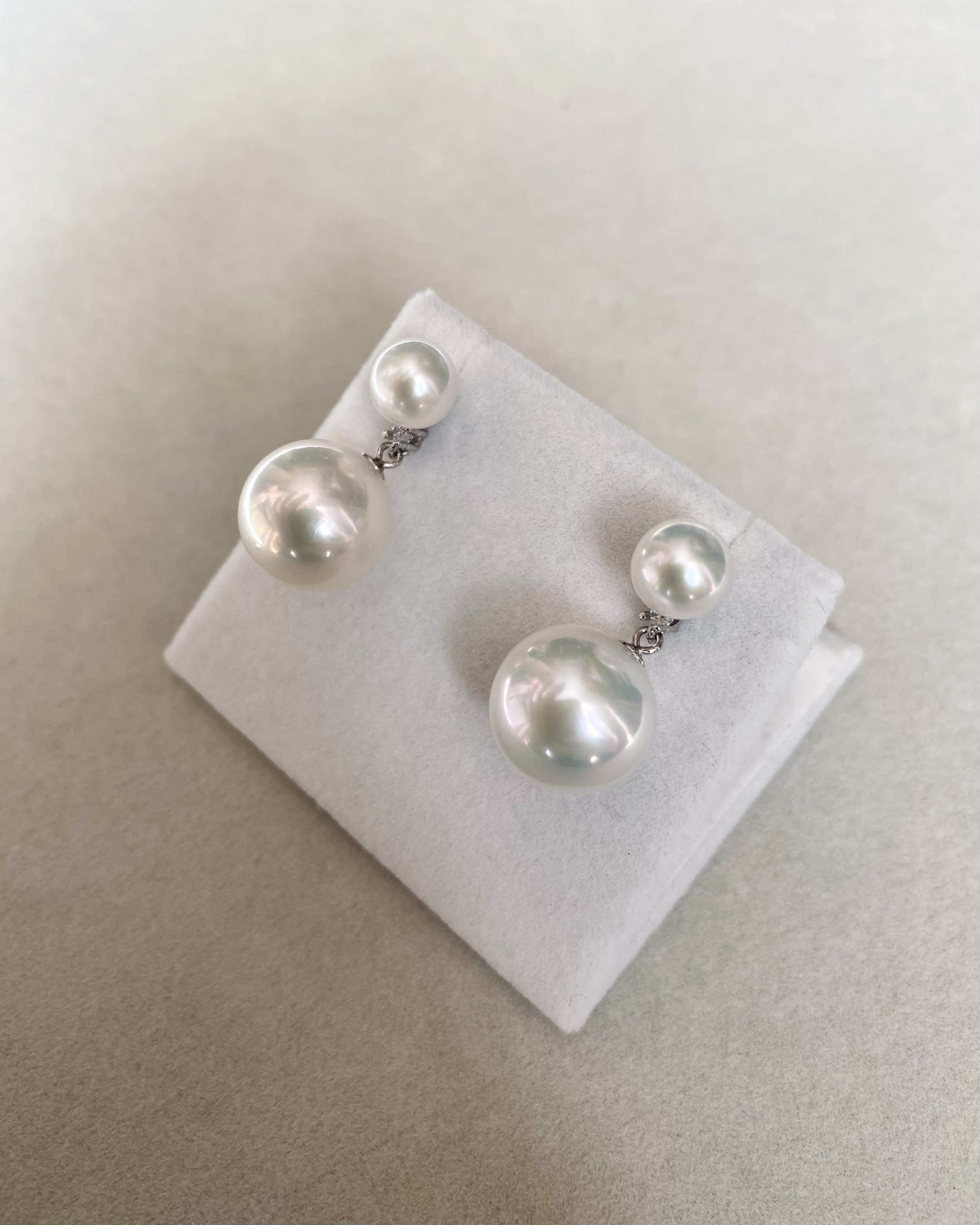 Top Crystal-Clear Cool-Toned Lustre_Genuine 7.5mm/12.5mm Snow White Freshwater Double Pearl Earrings, S925 Silver & CZ, Graceful Dangle Design Starlit Pearls