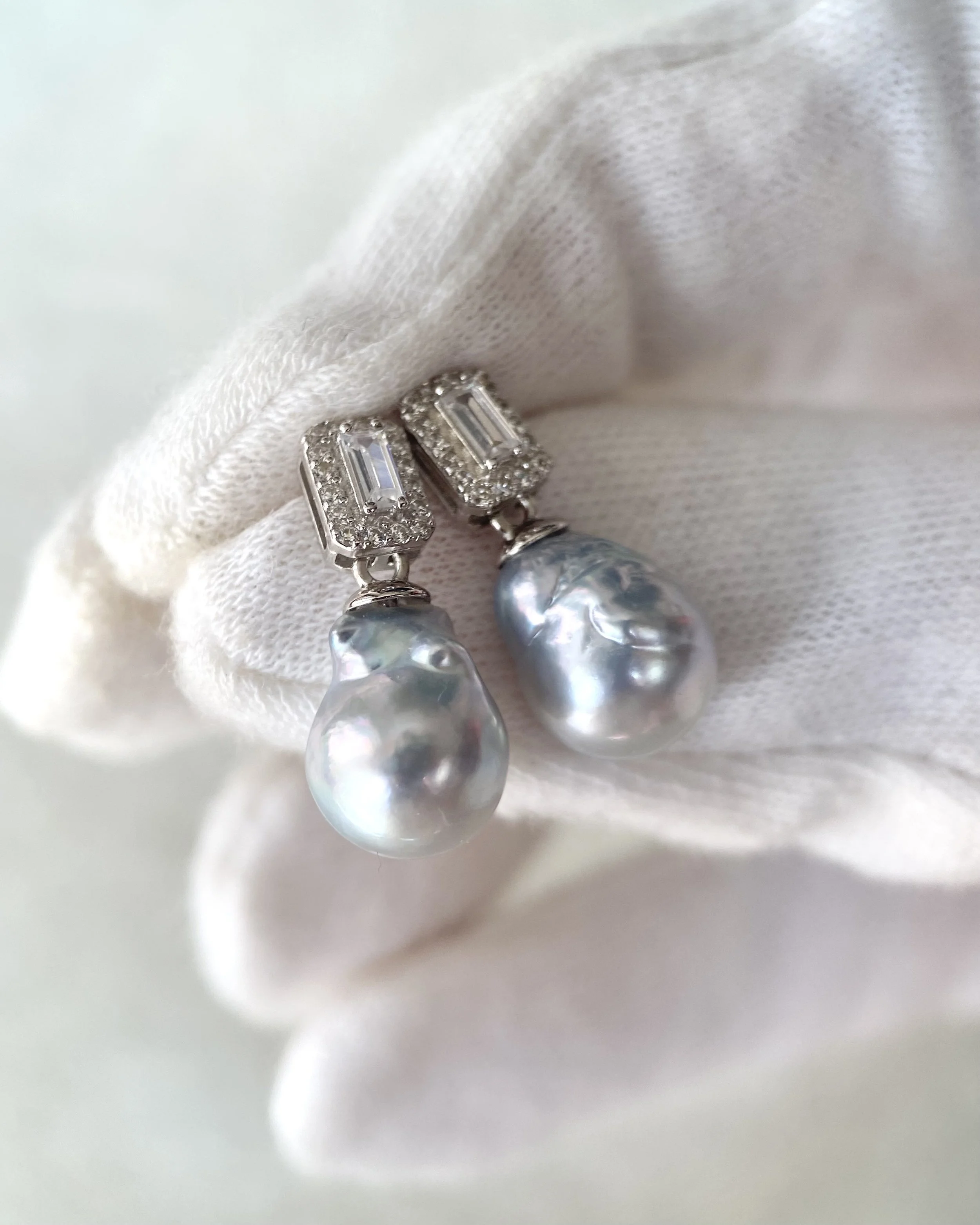 Rare Silver Australian South Sea Baroque Pearl Drop Earrings 11mm, Cool Icy Silver Lustre, S925 Silver Baguette CZ Design, Show Piece Starlit Pearls