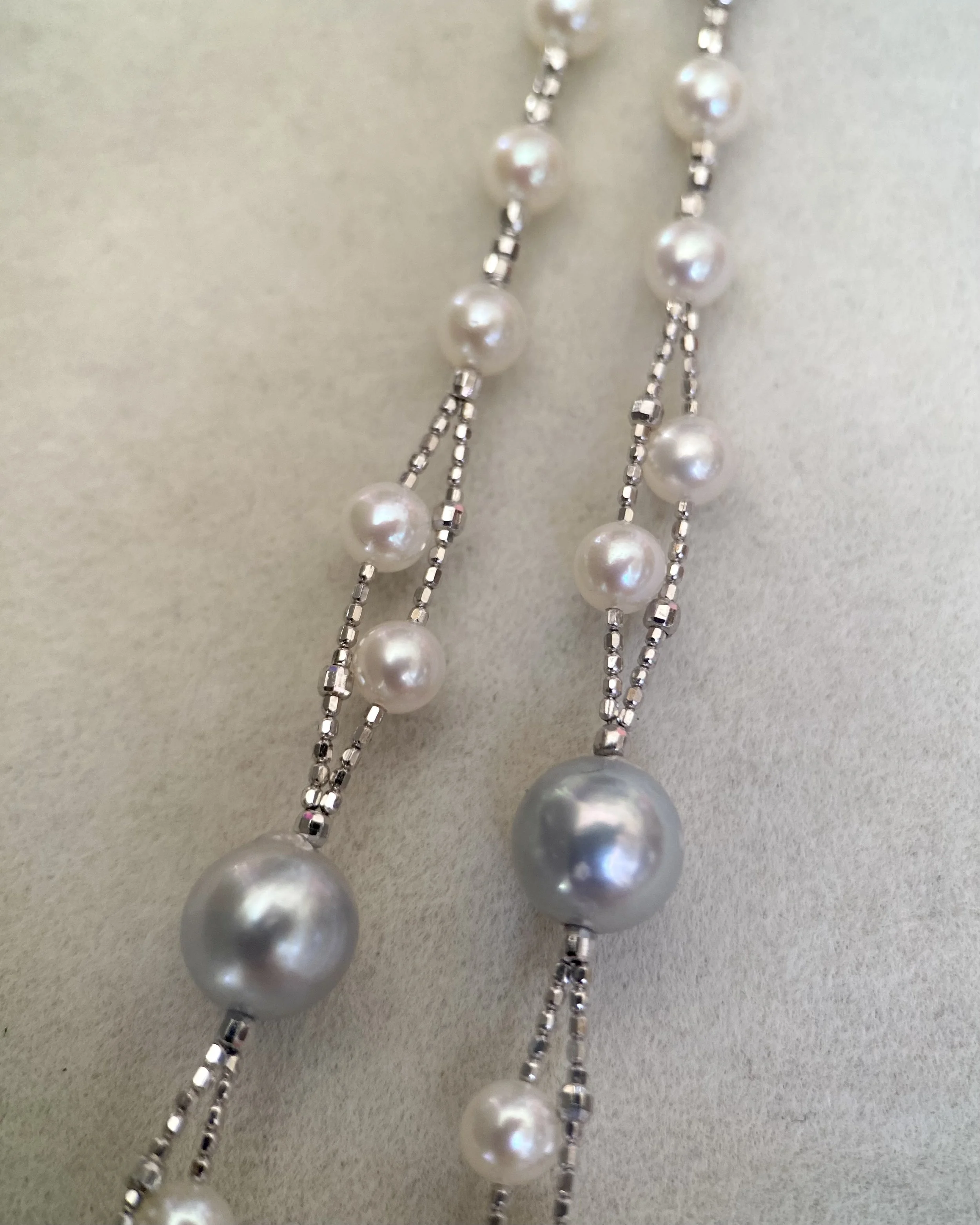 'Celestial Drift' Natural Silver-Grey Japanese Madama Akoya & Mini White Pearl Double-Strand Necklace 7–8mm/3mm, Japanese S925 Silver Starlit Pearls