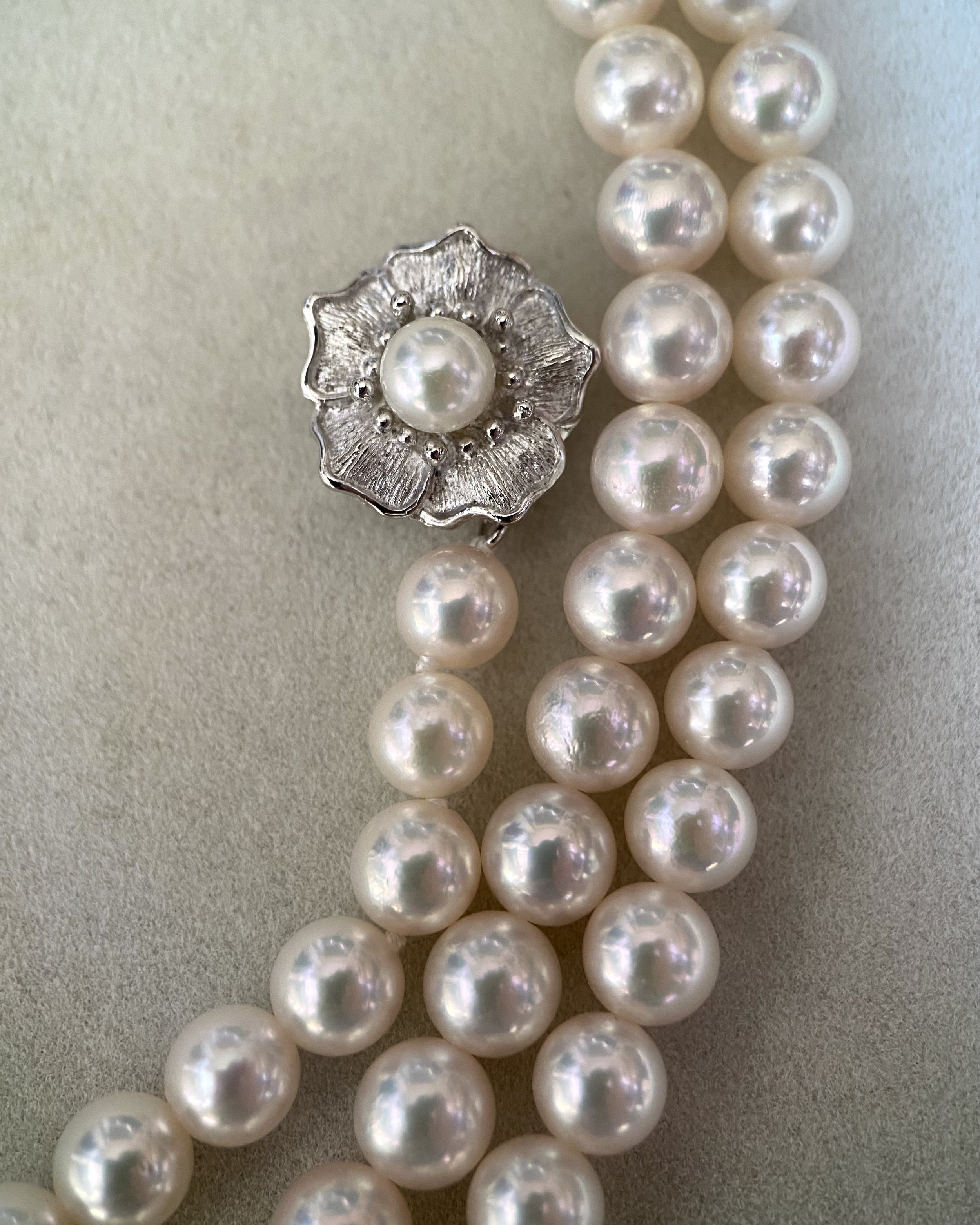 33" Extra-Long White Japanese Akoya Pearl Opera Necklace 6.5–7mm, Rose Overtone, 3D Floral Silver Clasp, Japan Jewellery Showpiece Starlit Pearls