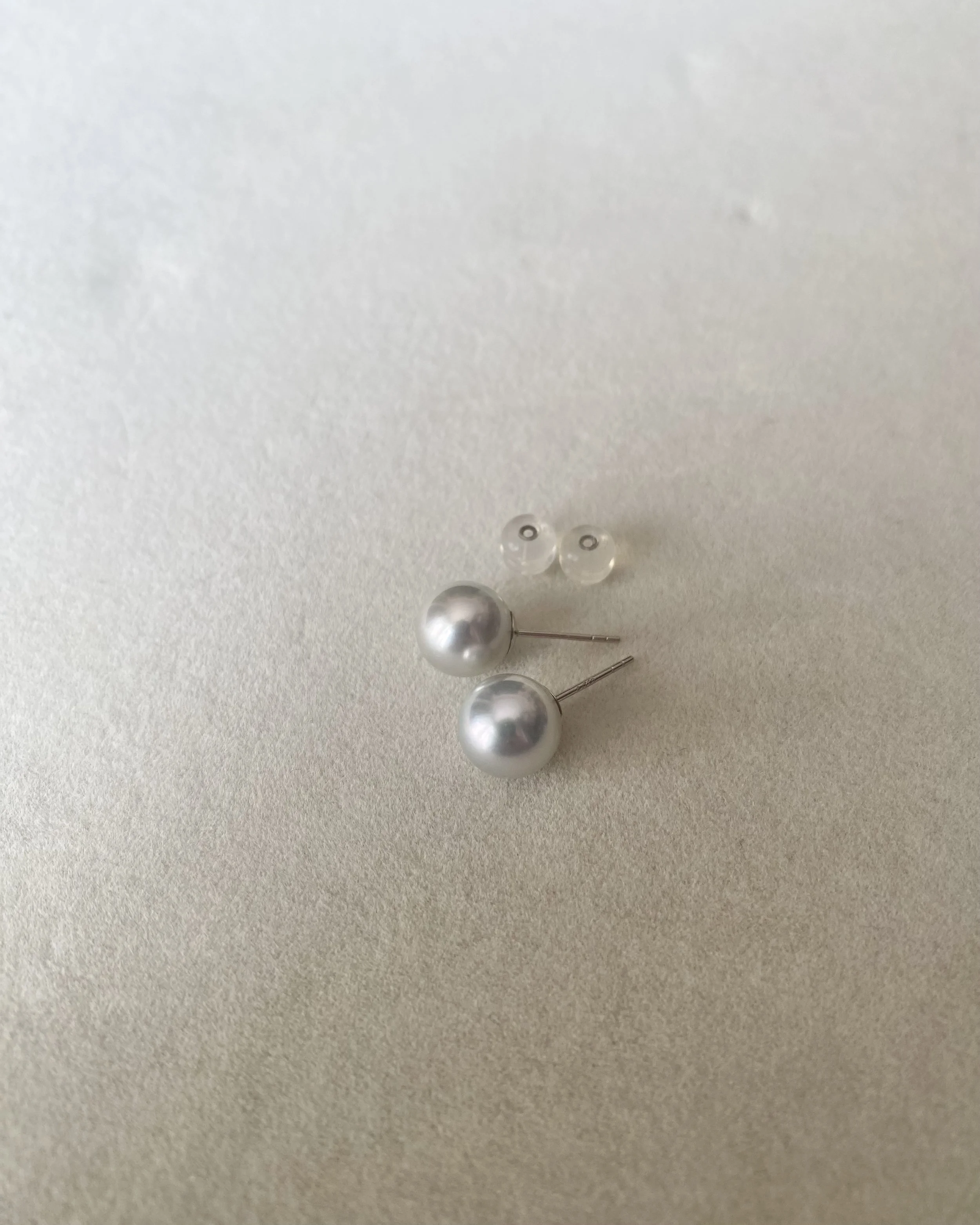 Collector Gr_Giant 9mm Natural Silver Grey Japanese Madama Akoya Pearl Stud Earrings, Solid 18K White Gold, Mirror Metallic Lustre Starlit Pearls