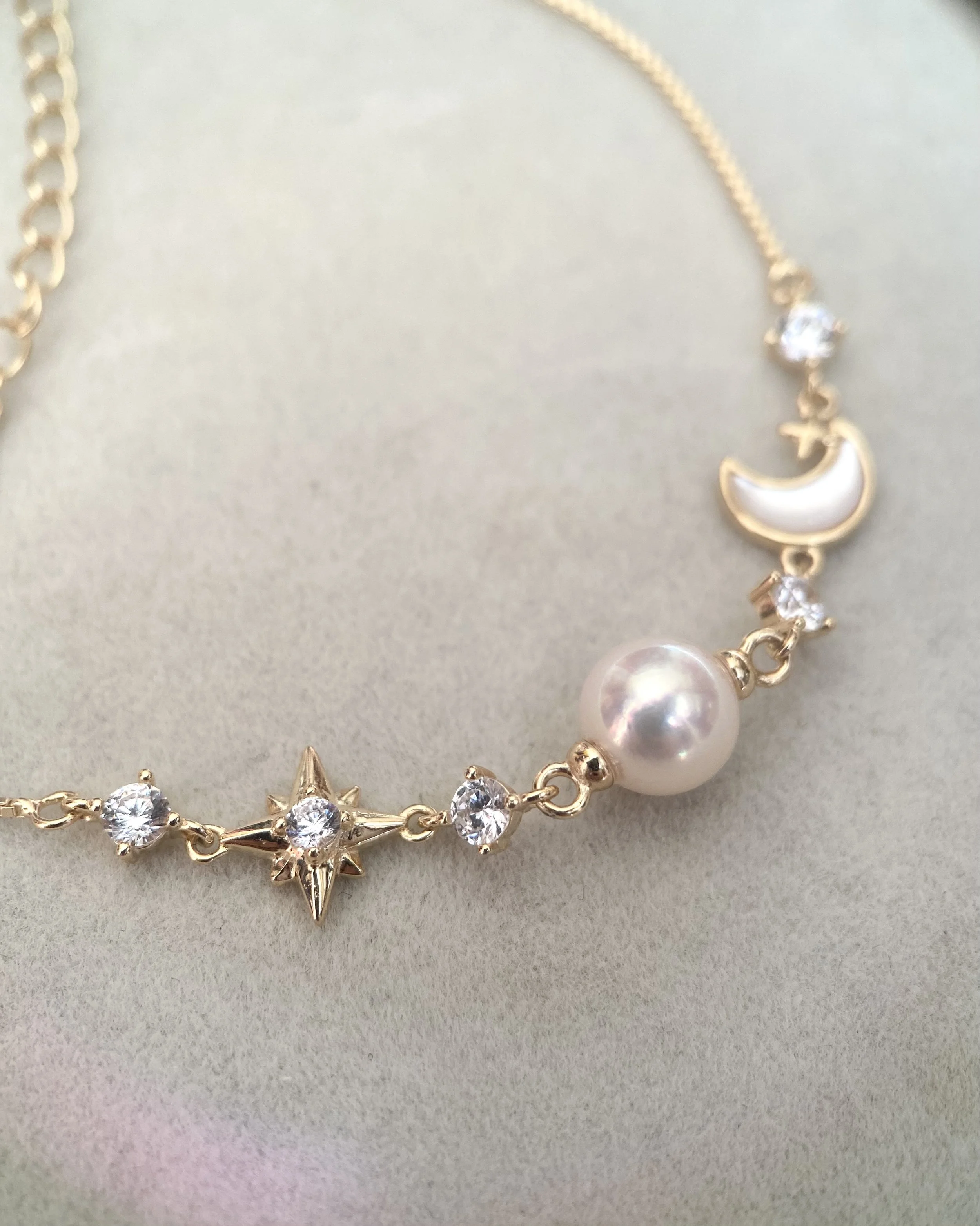 White Japanese Akoya Pearl Celestial Bracelet 7.4mm, MOP Moon & North Star with CZ, S925 Silver Adjustable Box Chain, Show Piece Starlit Pearls