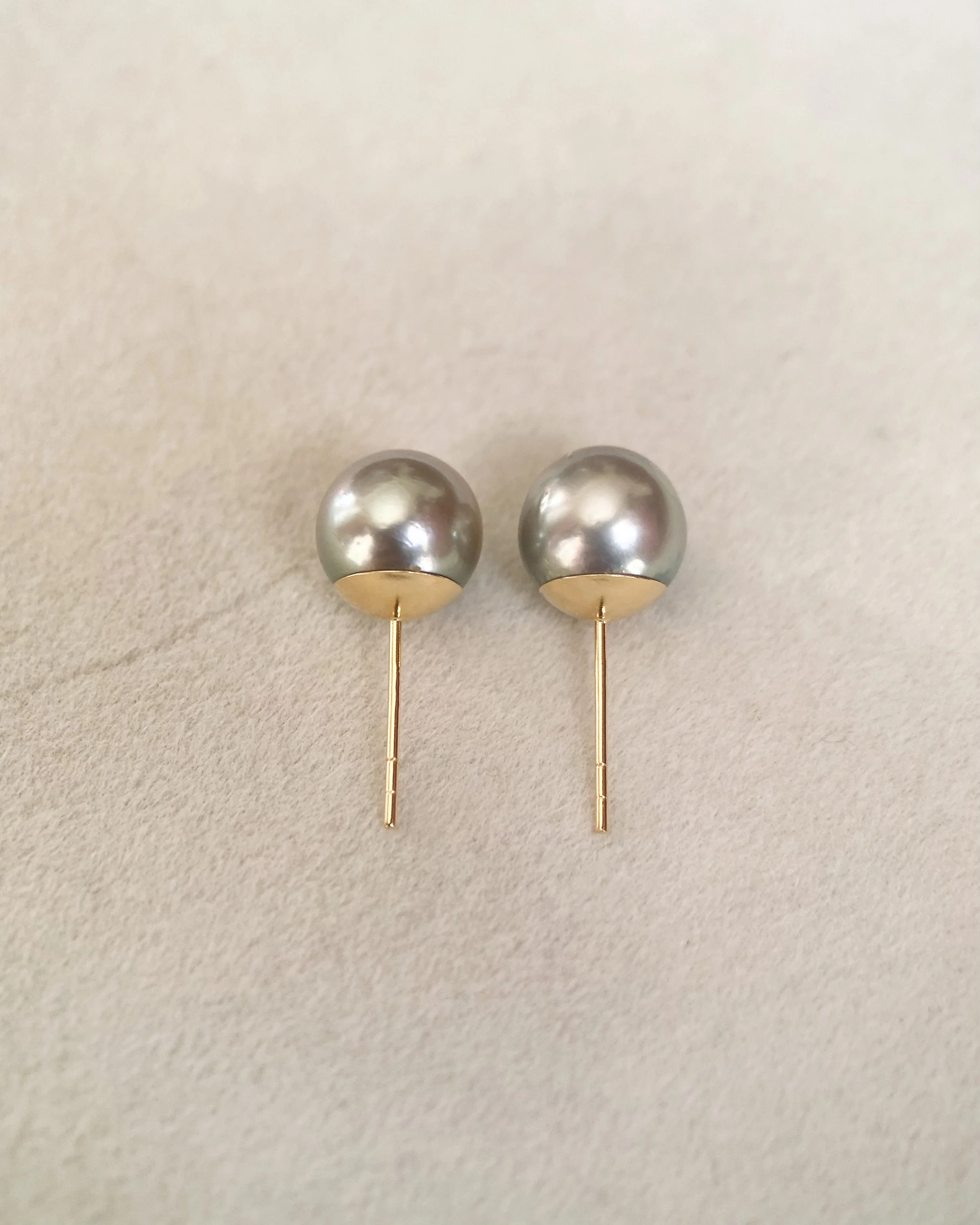 8mm Silver Olive-Green Japanese Madama Akoya Pearl Stud Earrings, Metallic Lustre, Solid 18K Thick Posts & Full Gold Cap Setting Starlit Pearls