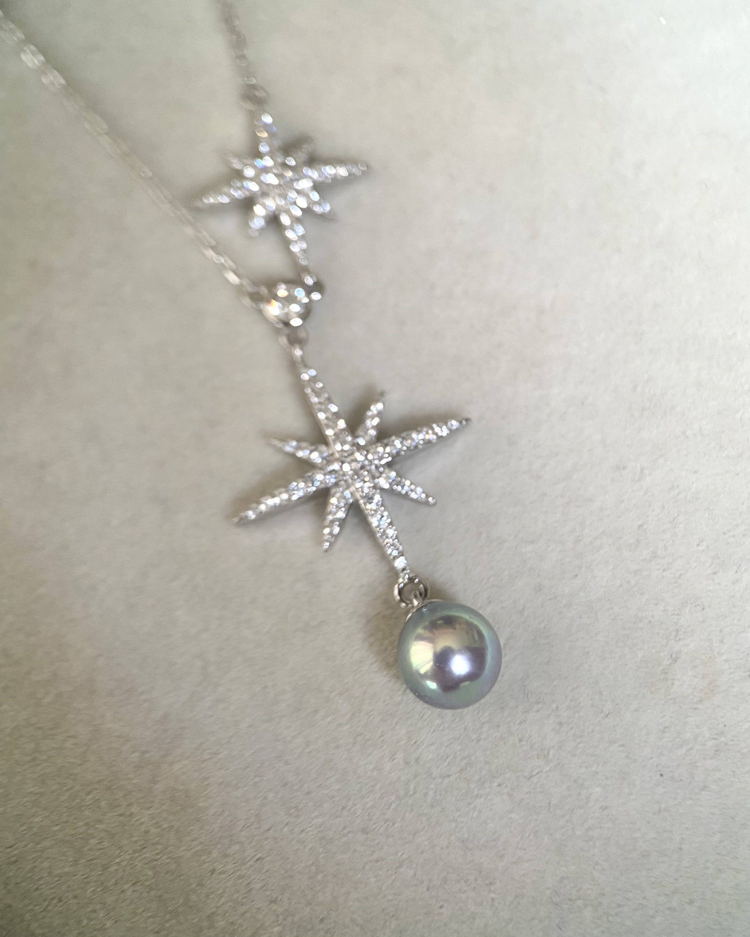 Japanese Silver-Peacock Green Madama Akoya Pearl Pendant Necklace 7mm, 7A Aurora Lustre, Starburst Pavé CZ S925 Chain, Made In Japan Starlit Pearls