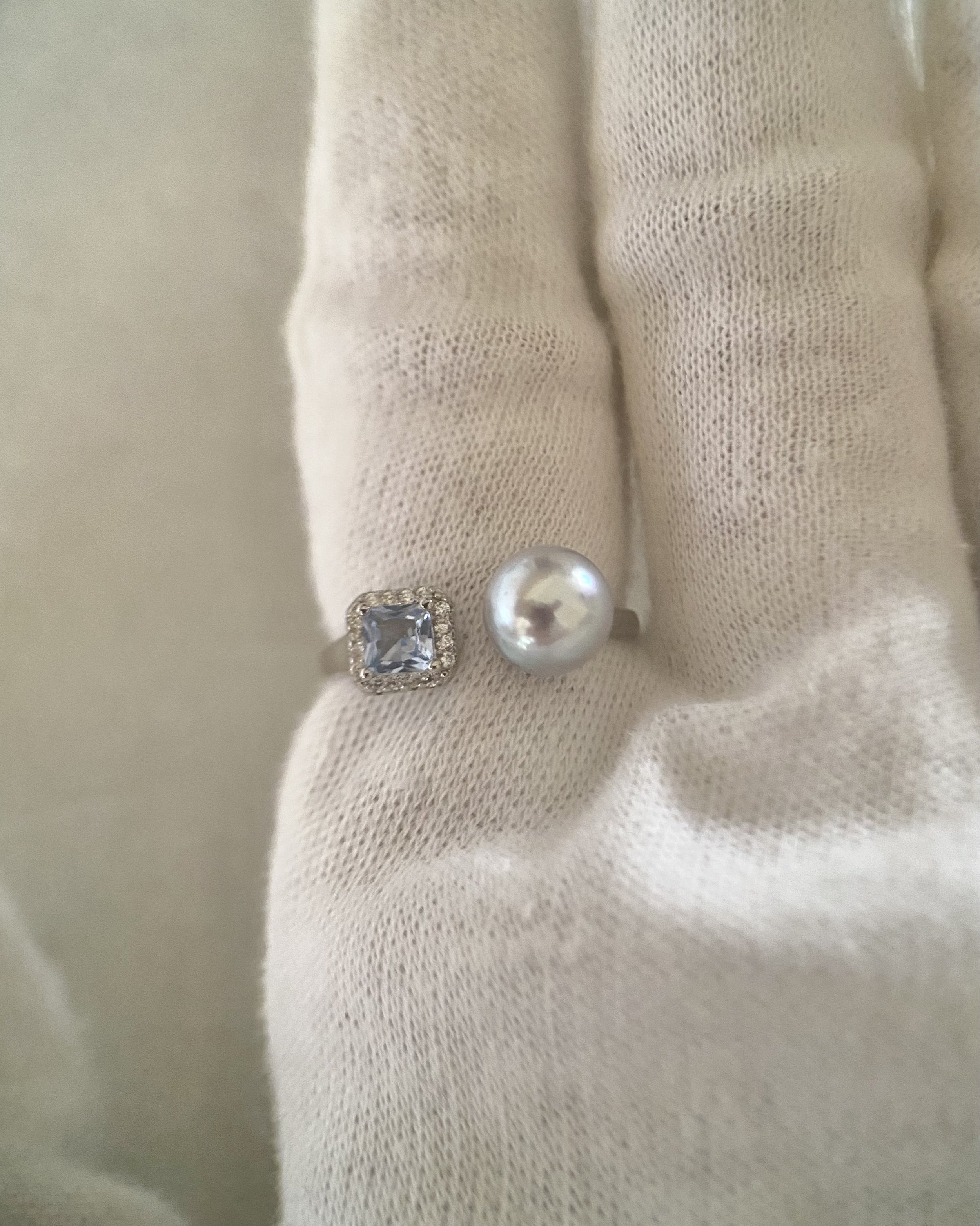 Premium Japanese Silver-Grey Blue Madama Akoya Pearl Open Ring 7.5mm, Ice-Blue Princess-Cut CZ, Adjustable S925, Exhibition Piece Starlit Pearls