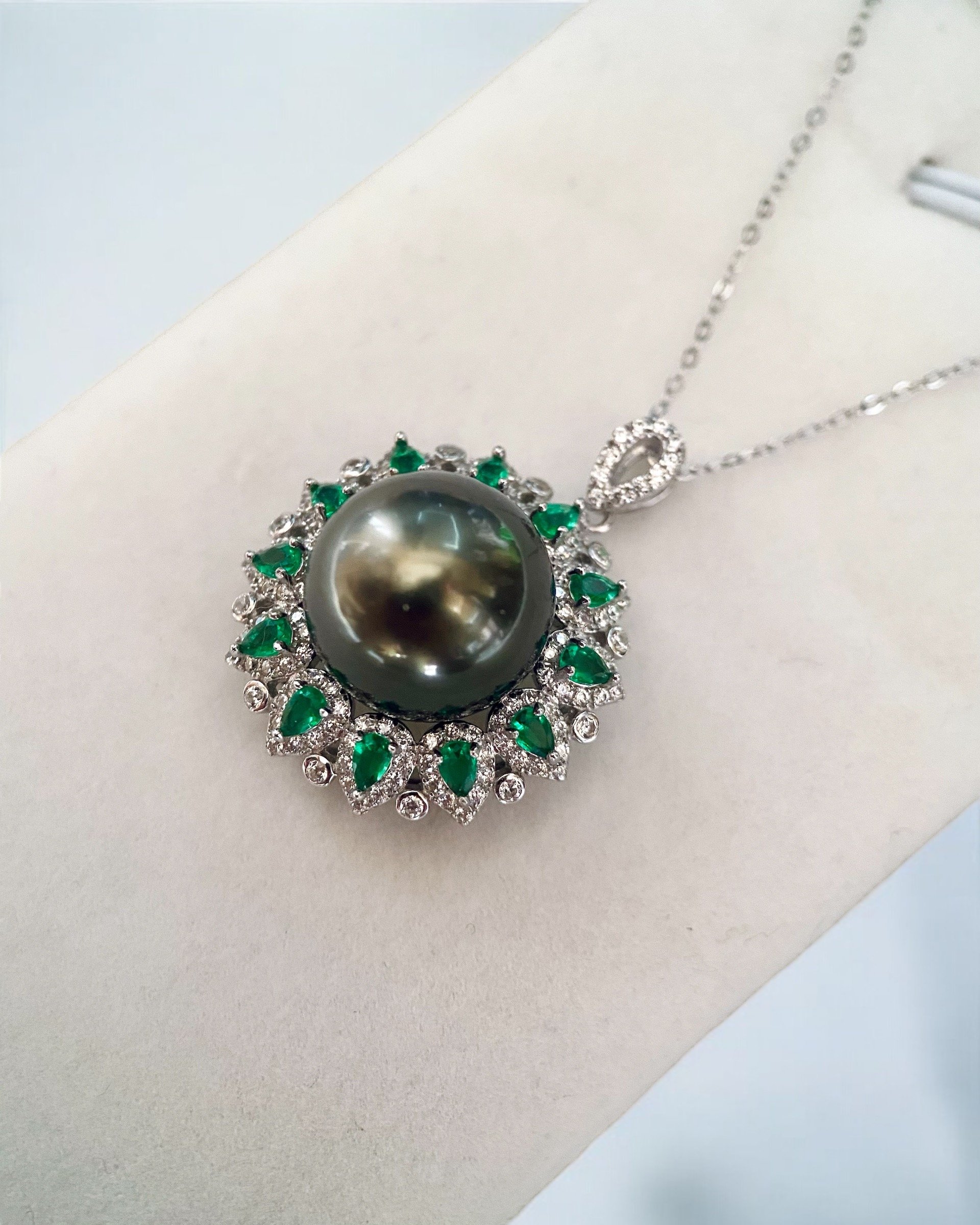 Genuine 13.4mm Tahitian Black South Sea Pearl Pendant, Luxurious HK International Jewellery Showpiece, S925 Accented with Emerald-Green CZ Starlit Pearls