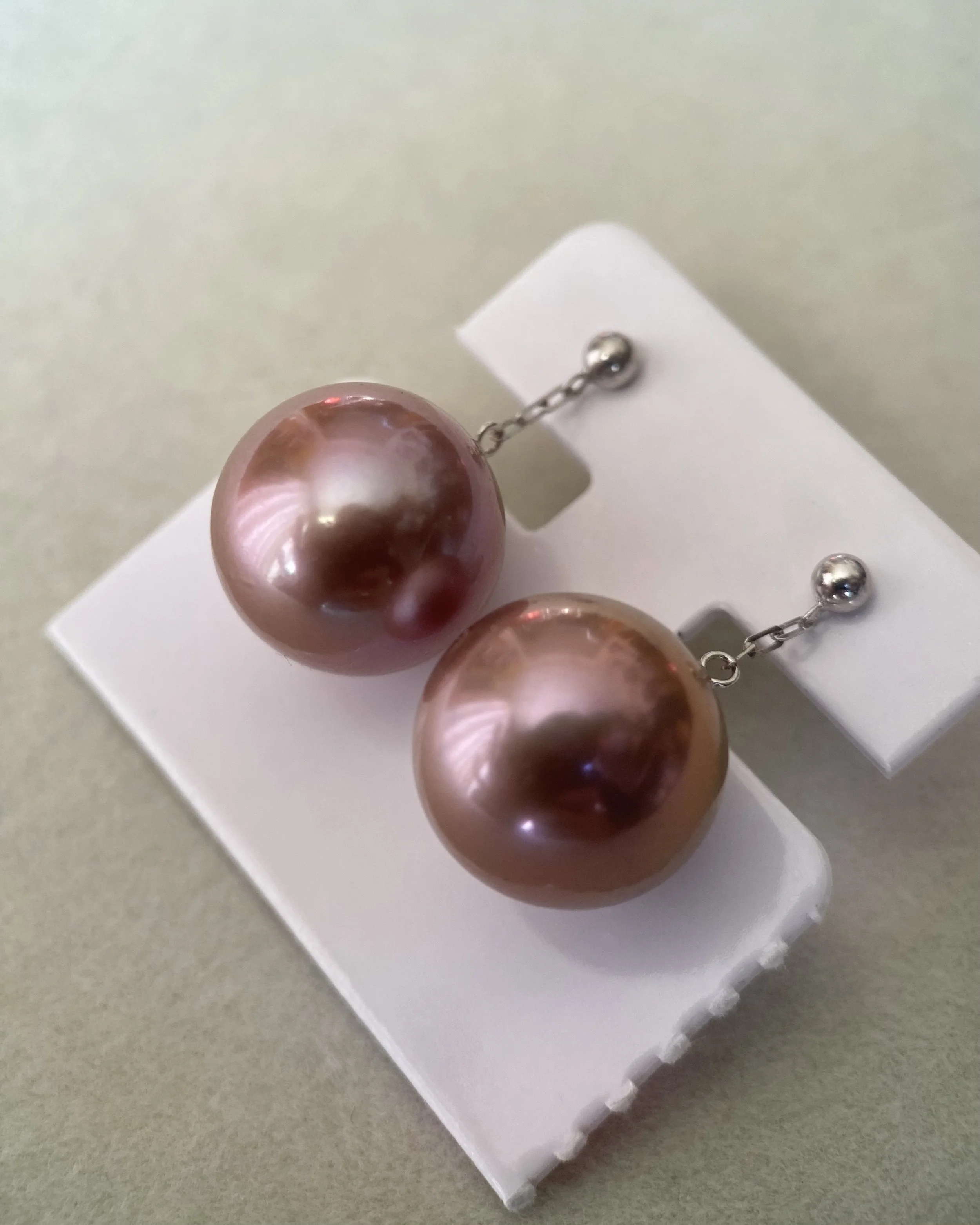 Giant 14.2mm Natural Plum-Pie Purple Freshwater Pearl Drop Earrings – Top-Tier 6A Quality, Mirror Lustre, Thick Solid 18K White Gold Starlit Pearls