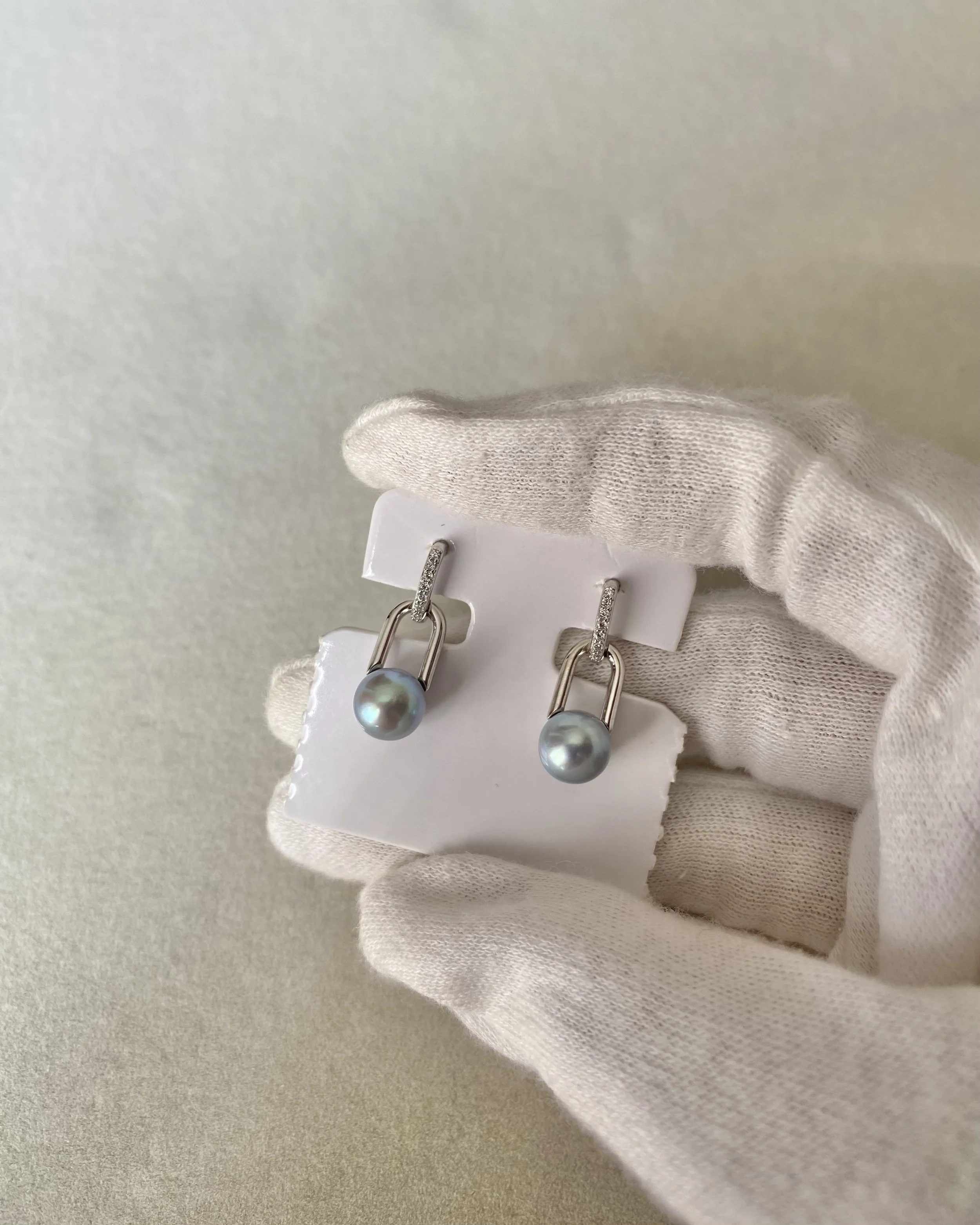 Natural Icy Blue Japanese Madama Akoya Pearl Link Drop Earrings 7.2–7.3mm, Pavé CZ Two-Part S925 Silver, Japan Jewellery Show Piece Starlit Pearls